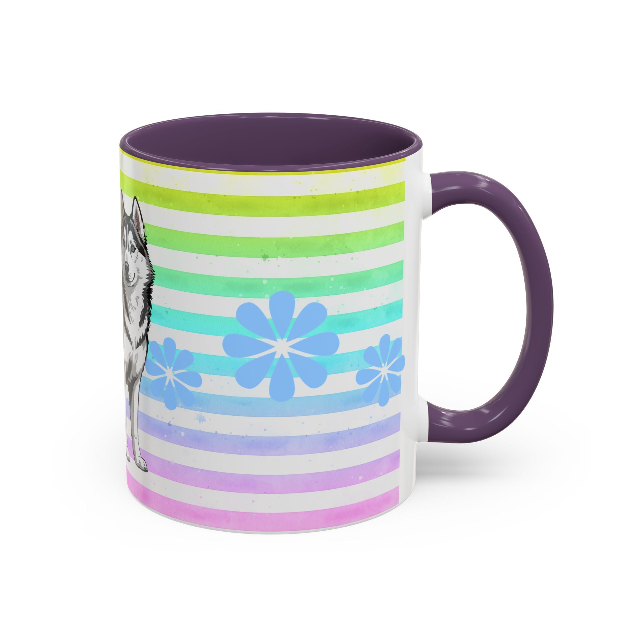 Siberian Husky Coffee Mug — Cute Black & Husky Pup on Rainbow Stripes (Accent Mug 11/15oz)