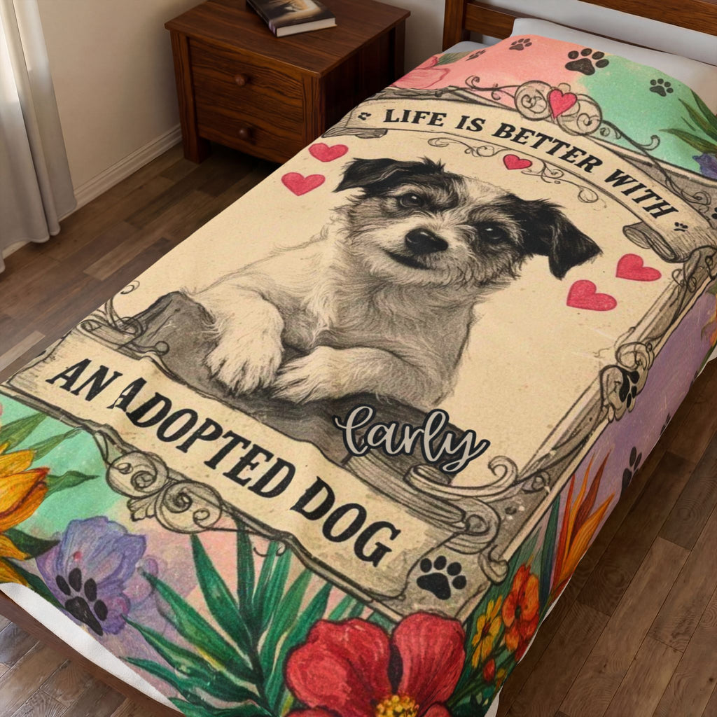 Personalized Dog Portrait Blanket — Pastel Floral & Adopted Dog | Custom Name & Photo