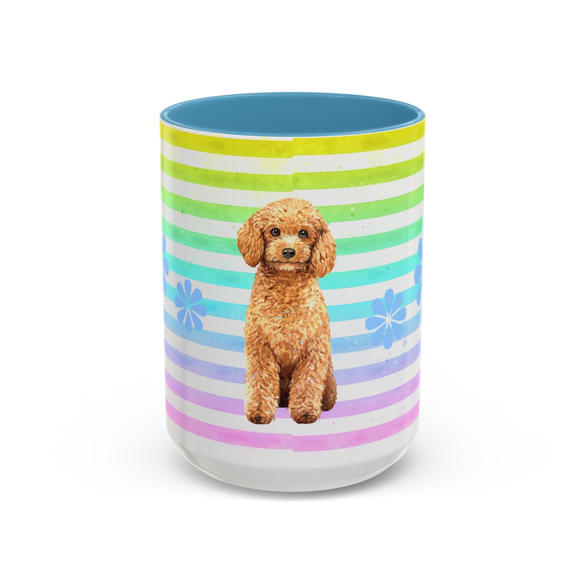 Apricot Poodle Coffee Mug — Cute Fluffy Pup on Rainbow Stripes (Accent Mug 11/15oz)