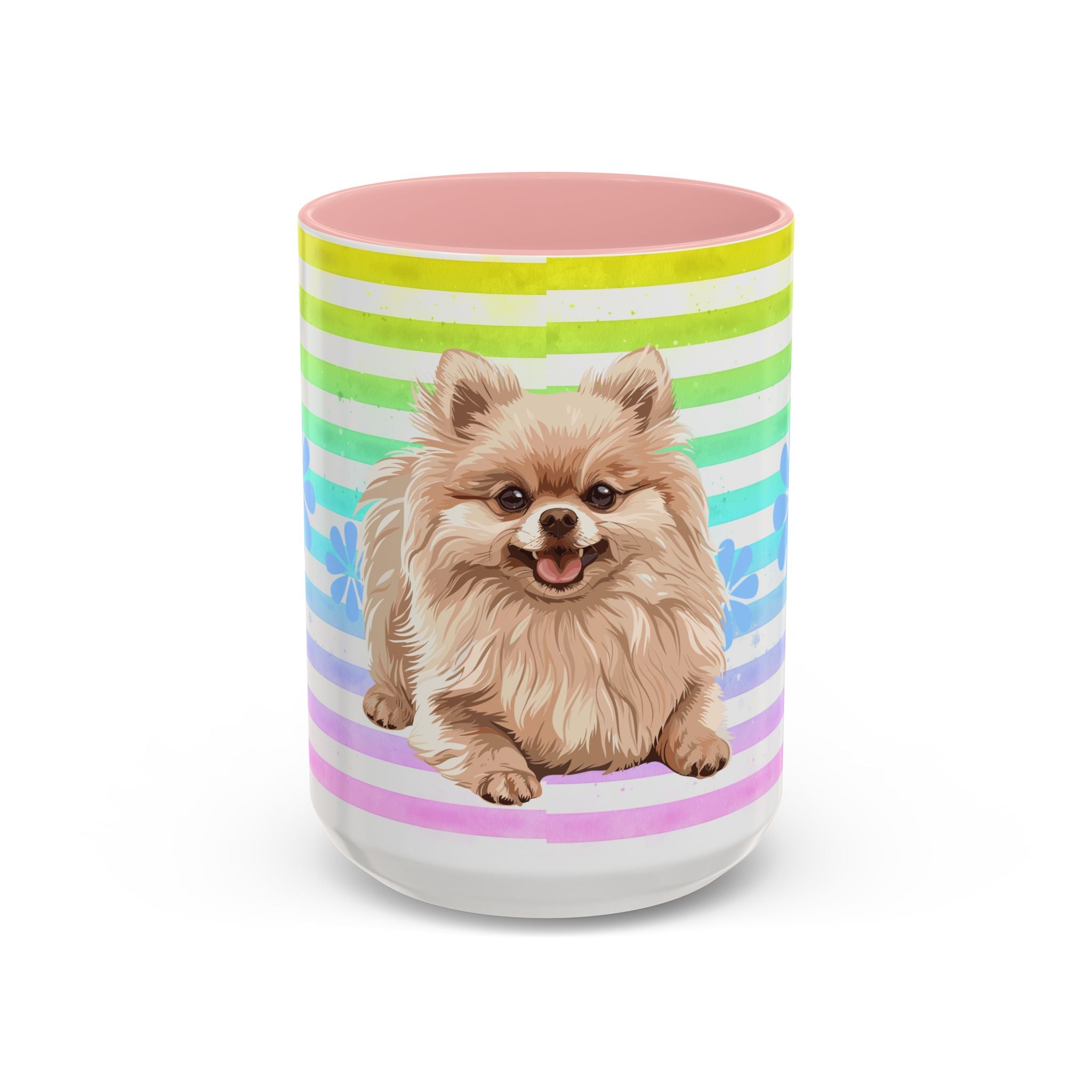 Pomeranian Dog Coffee Mug — Cute Fluffy Pup on Rainbow Stripes (Accent Mug 11/15oz)
