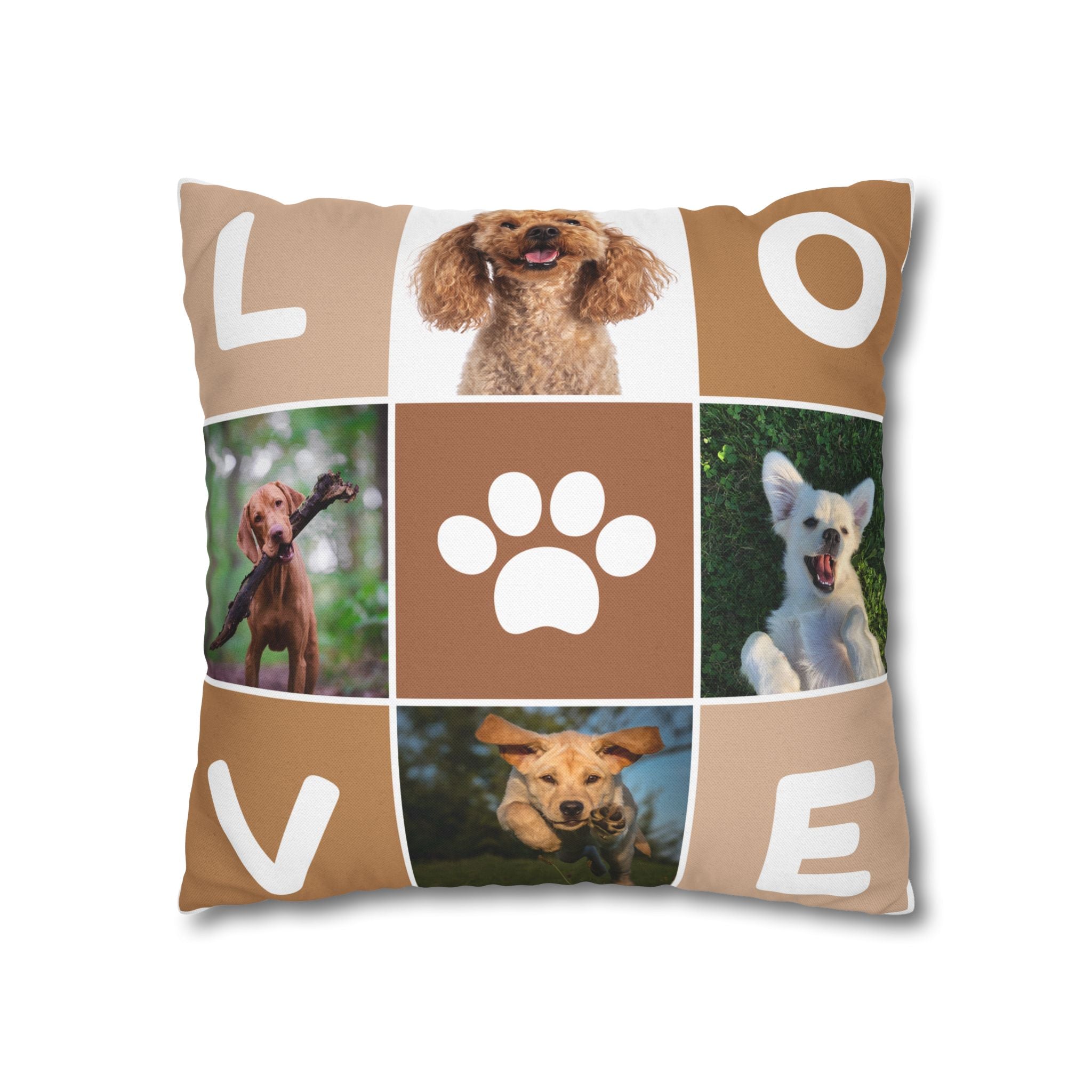 Dog Photo Collage Square Pillow — "LOVE" Paw Print Decorative Pillowcase