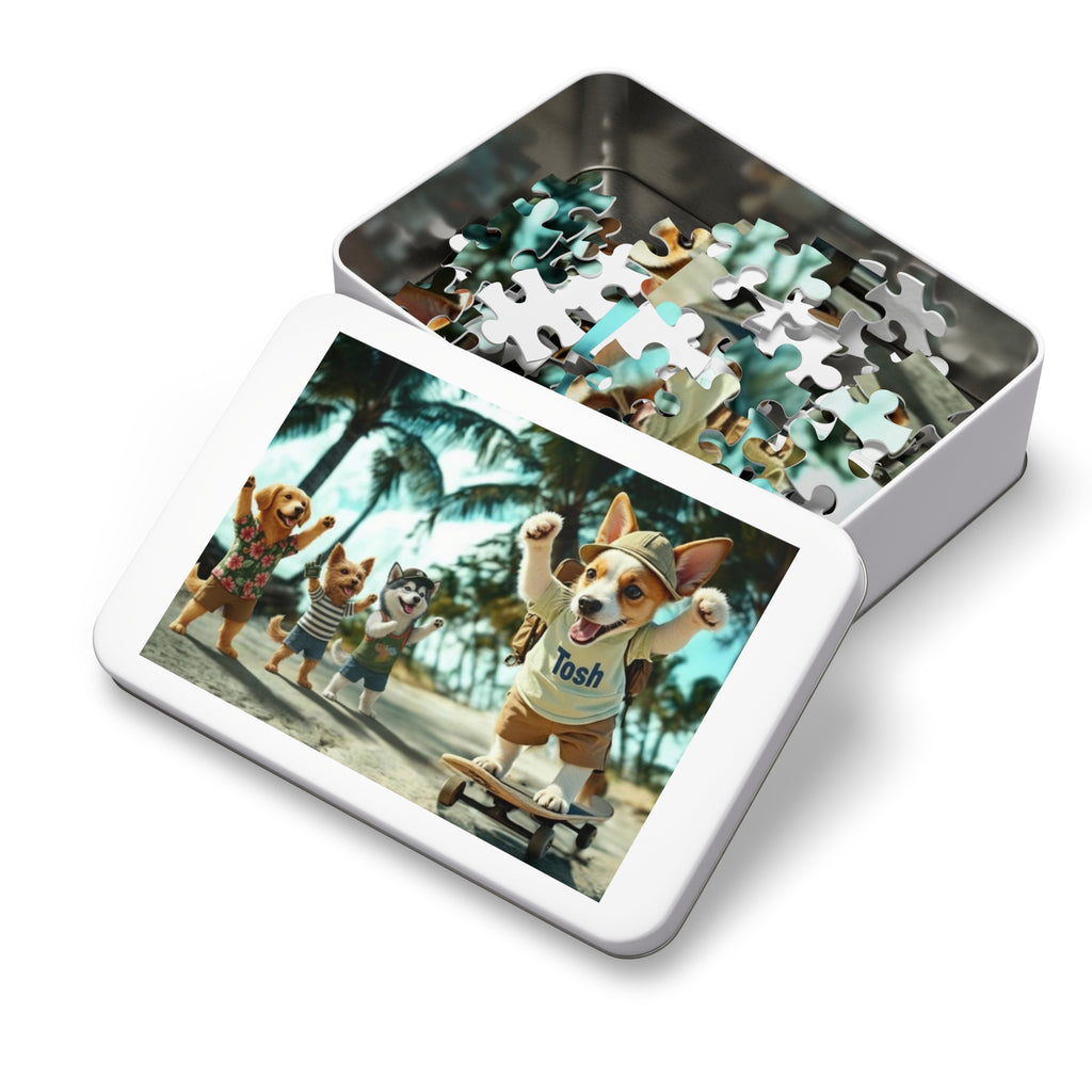 Beach Dogs Jigsaw Puzzle with Tin — Jack Russell Terrier Skateboard | Dog Lover Gift