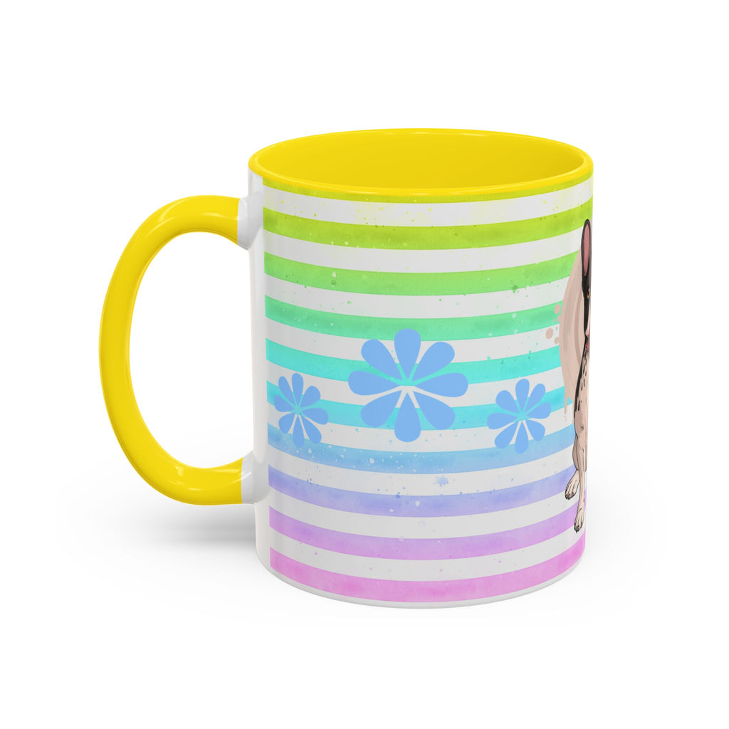 French Bulldog Coffee Mug — Cute Black & White Pup on Rainbow Stripes (Accent Mug 11/15oz)