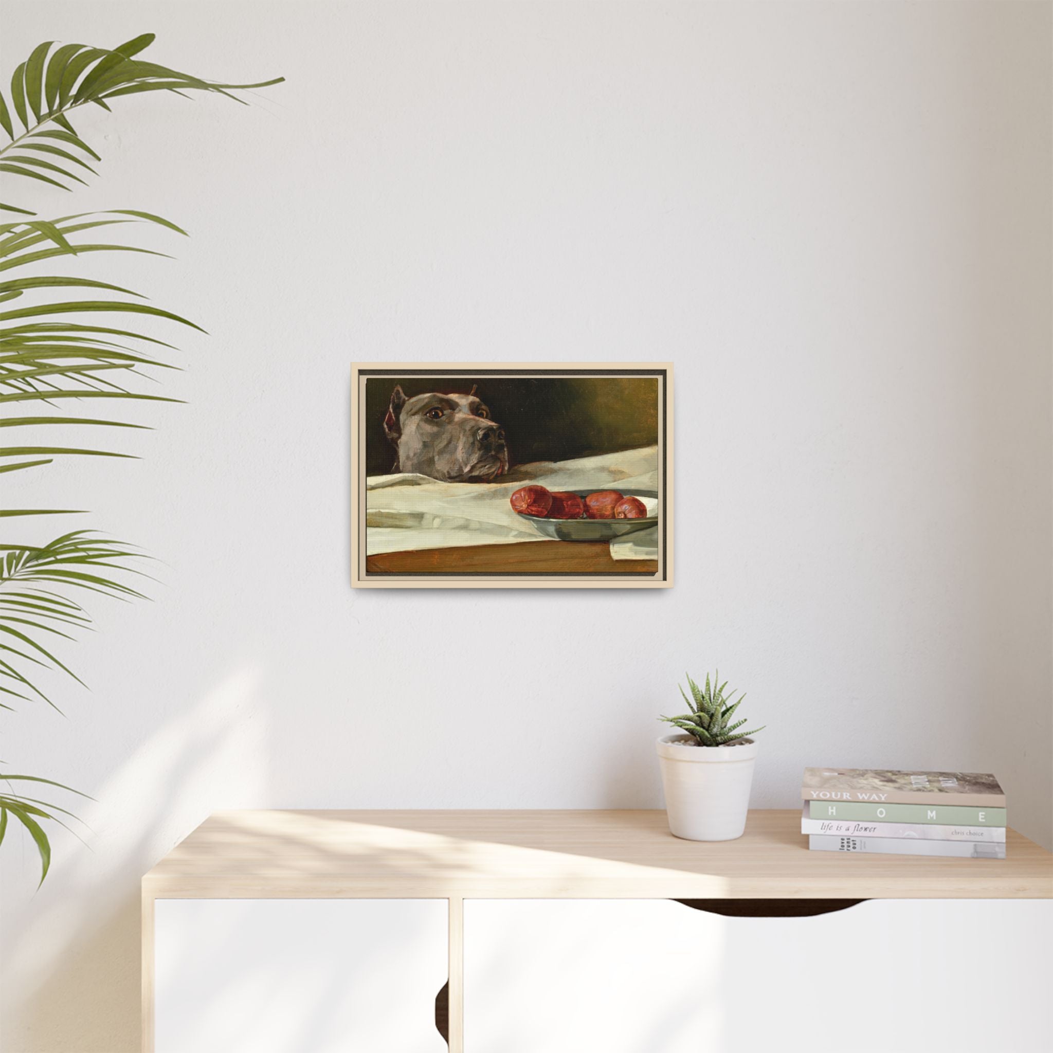 Framed Matte Canvas Print — Great Dane Dog & The Sausage Still Life Wall Art