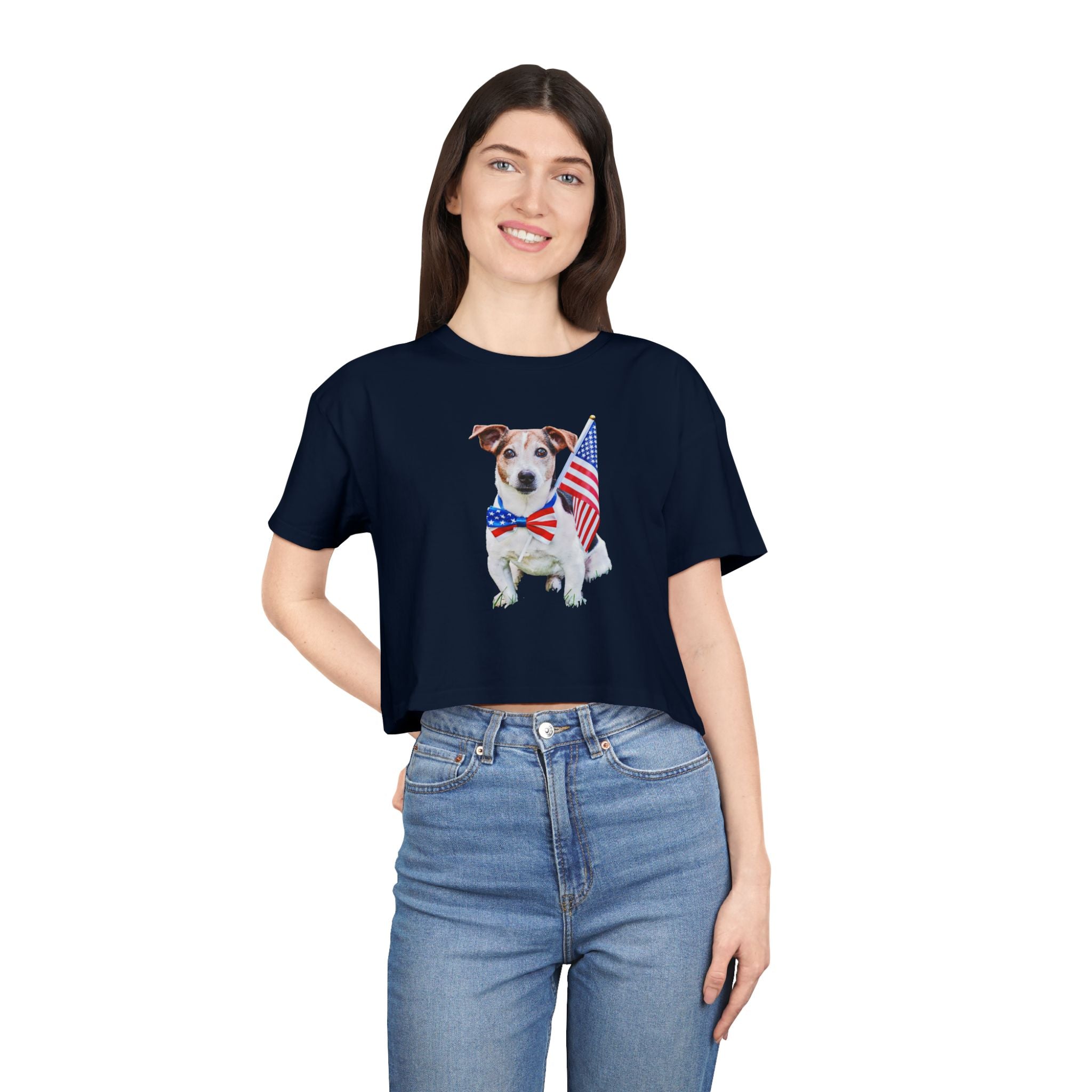 Patriotic Dog Crop Tee — Jack Russell with American Flag