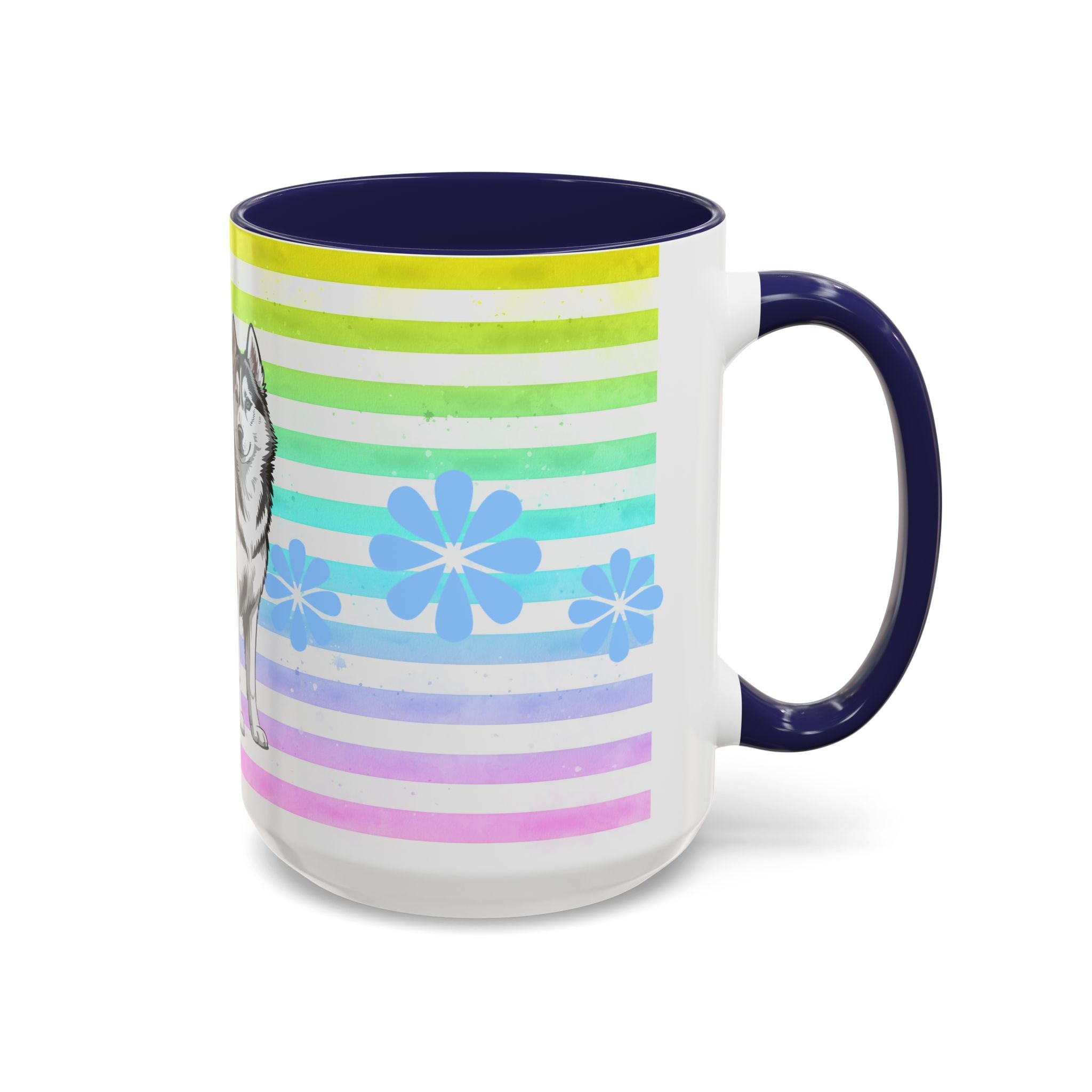 Siberian Husky Coffee Mug — Cute Black & Husky Pup on Rainbow Stripes (Accent Mug 11/15oz)