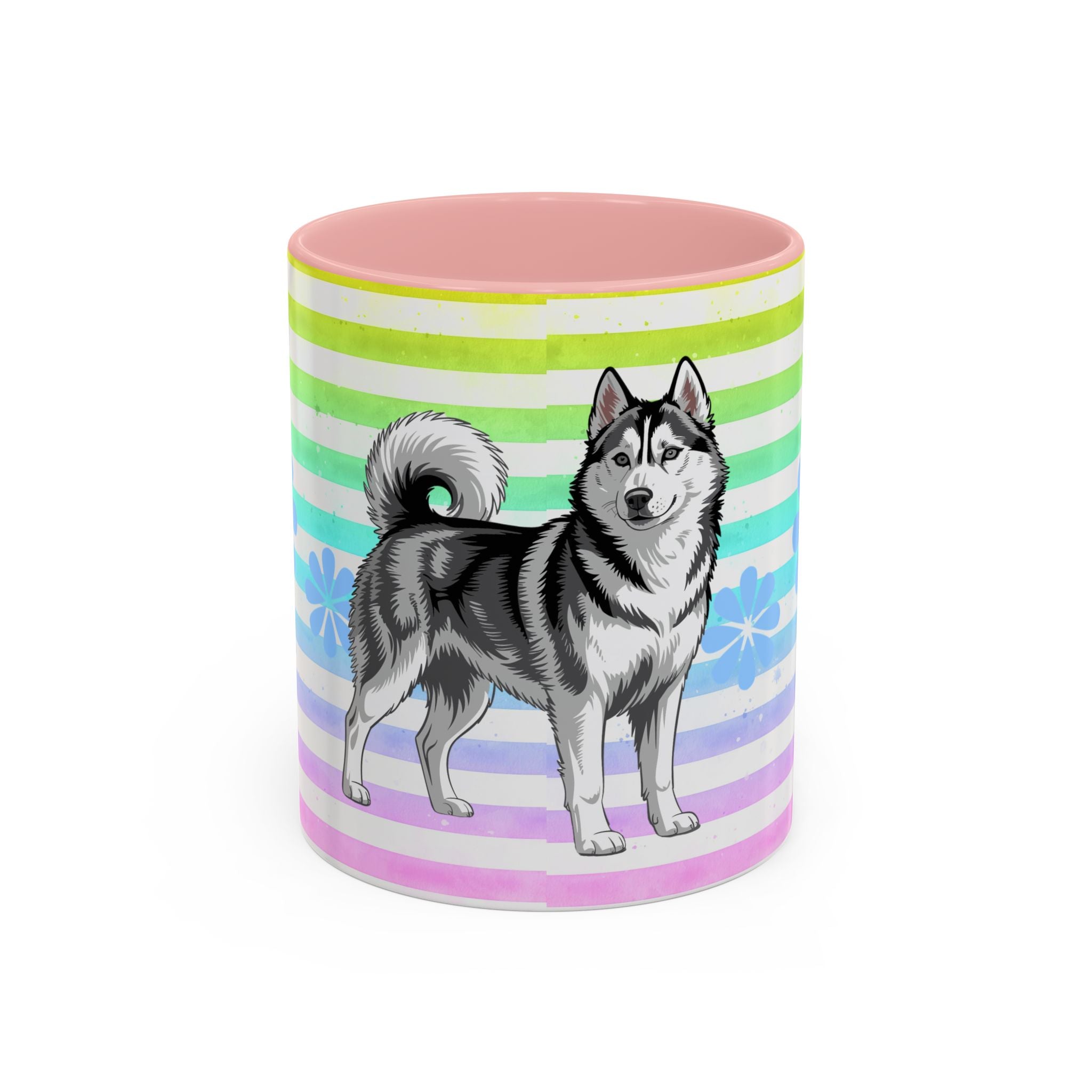 Siberian Husky Coffee Mug — Cute Black & Husky Pup on Rainbow Stripes (Accent Mug 11/15oz)