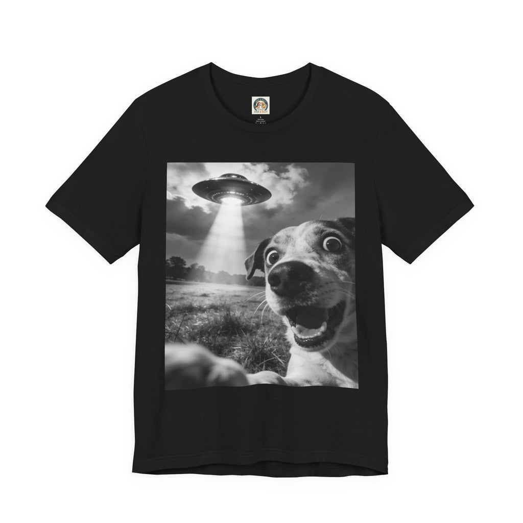 UFO Dog Photo Tee — "Check the Front… SERIOUSLY!" Graphic T-Shirt
