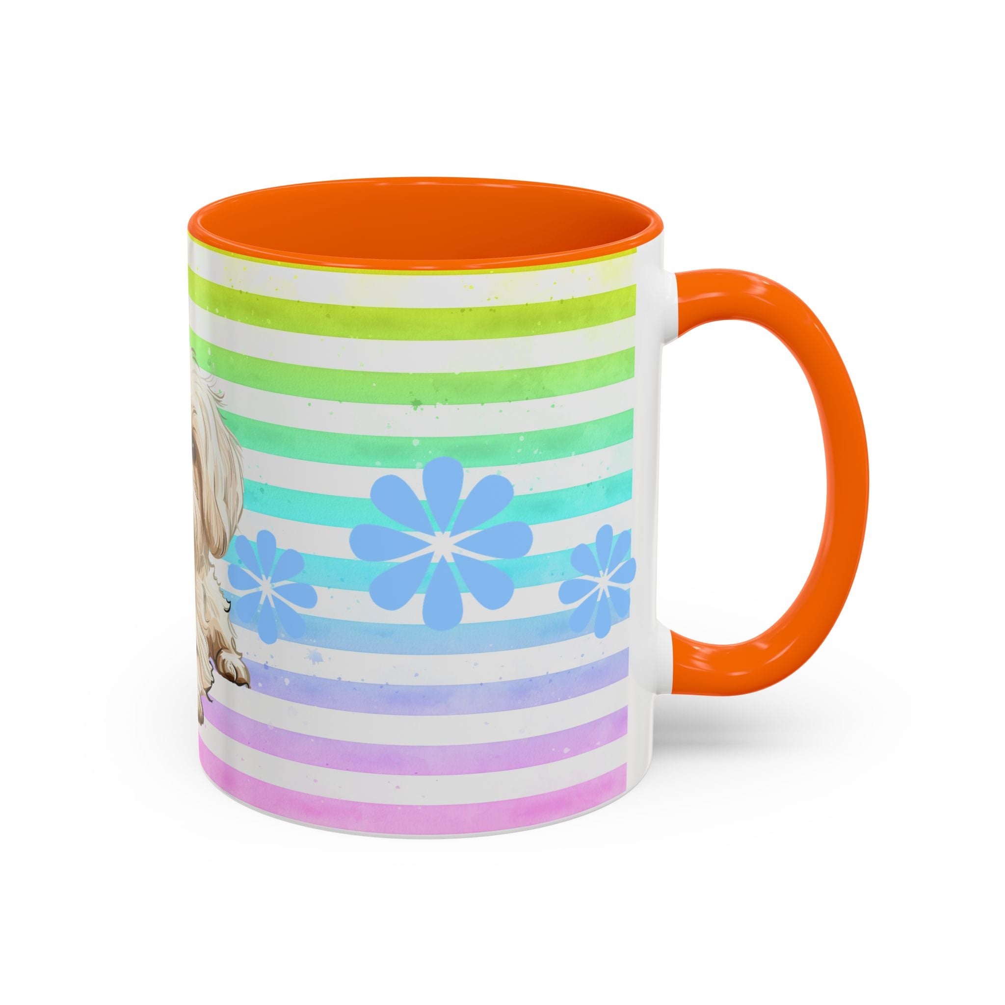 Maltese Dog Coffee Mug — Cute White Pup on Rainbow Stripes