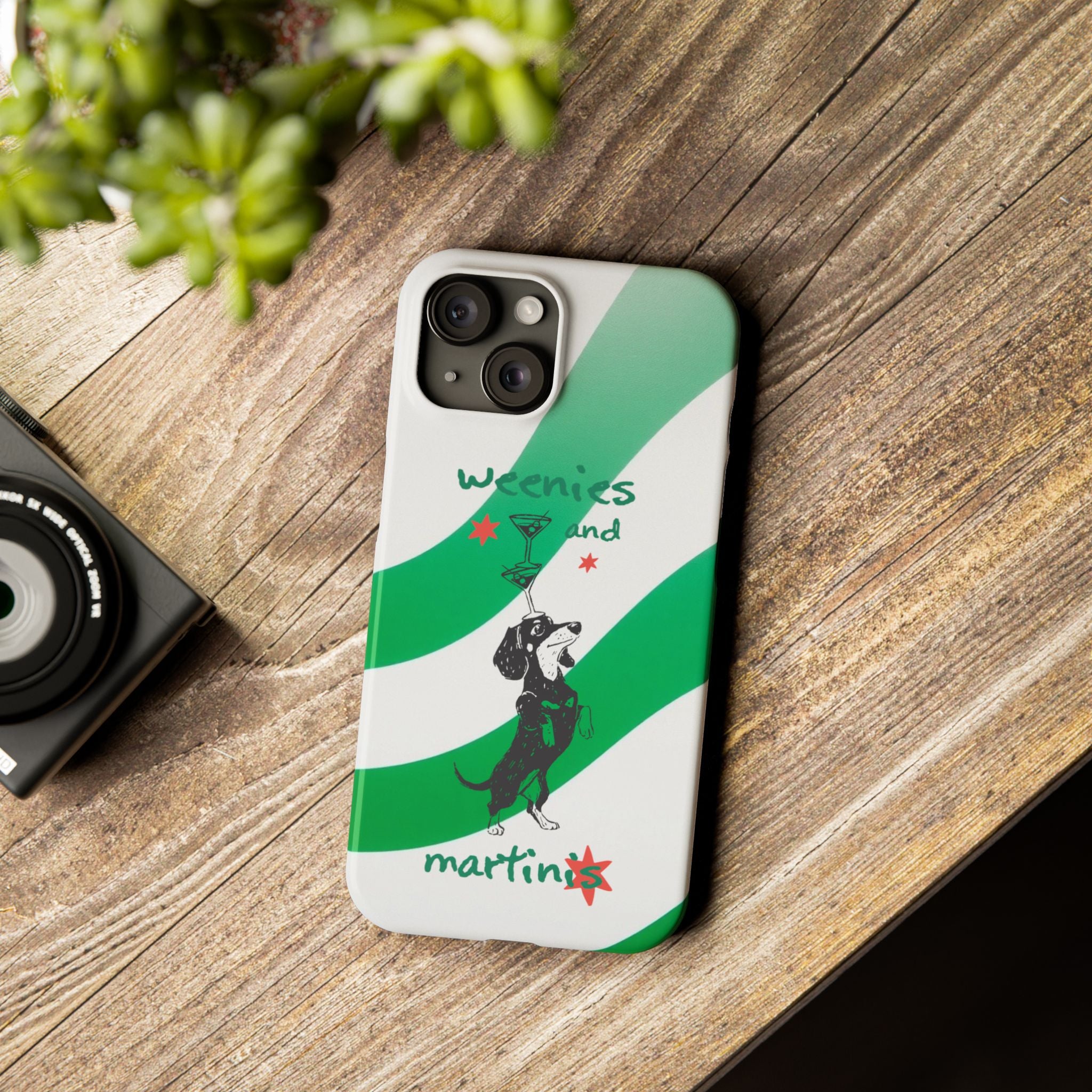 Weenies and Martinis Slim Phone Case – Dachshund Cocktail Green Stripe