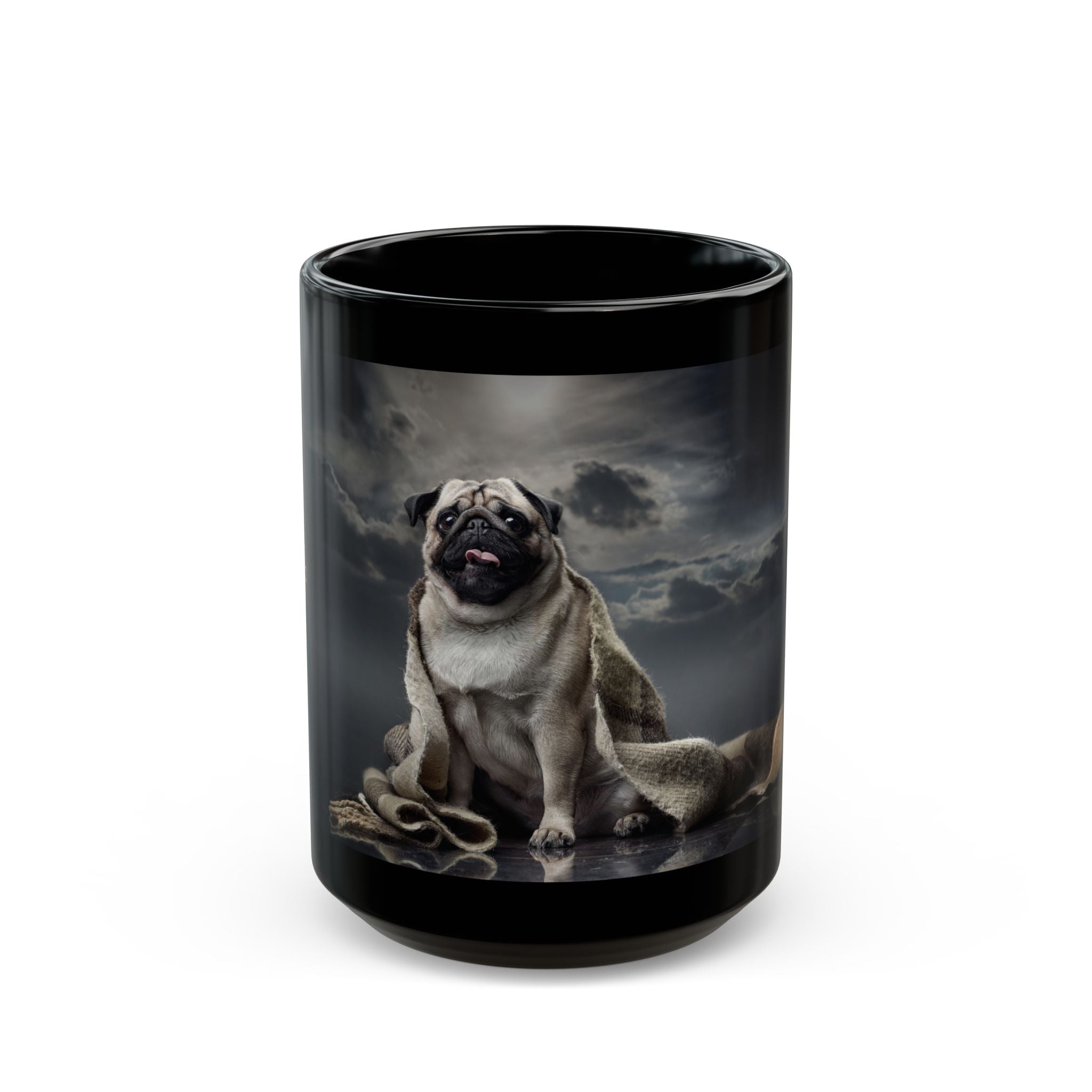 Pug Portrait Black Mug (11oz/15oz) — Regal Pug with Ornamental Accent