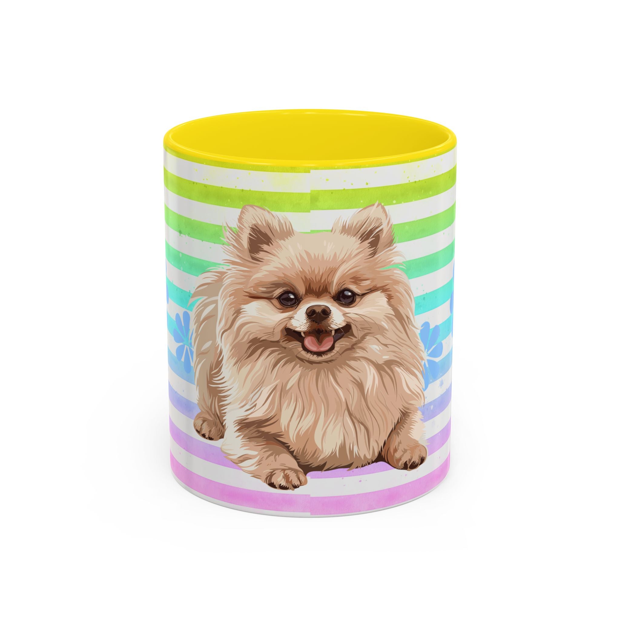 Pomeranian Dog Coffee Mug — Cute Fluffy Pup on Rainbow Stripes (Accent Mug 11/15oz)