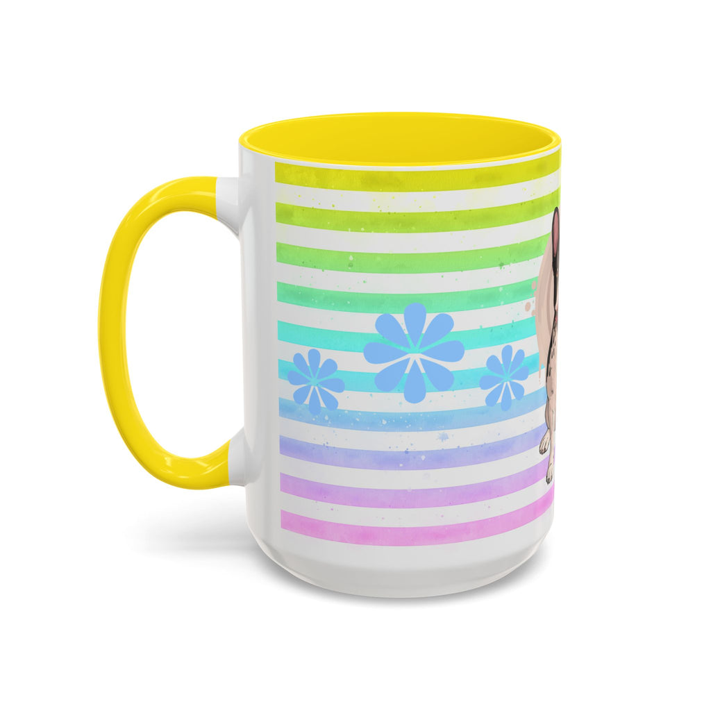 French Bulldog Coffee Mug — Cute Black & White Pup on Rainbow Stripes (Accent Mug 11/15oz)