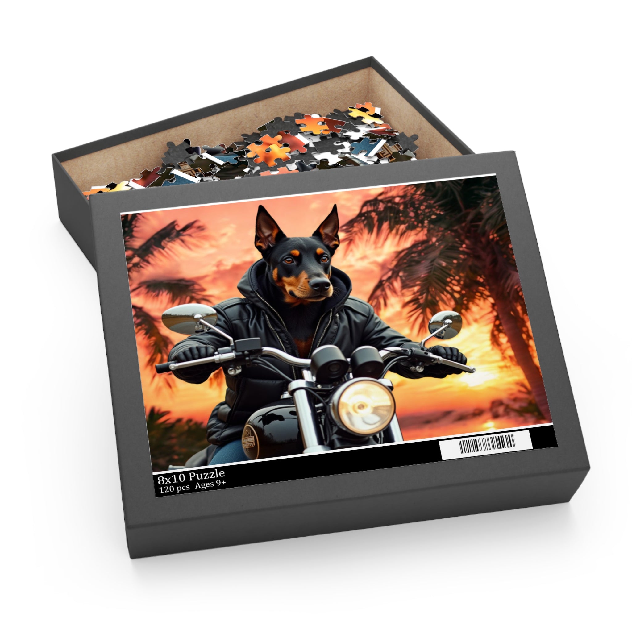 Dobermann Biker Jigsaw Puzzle — Sunset Motorcycle Scene | Dog Lover Gift