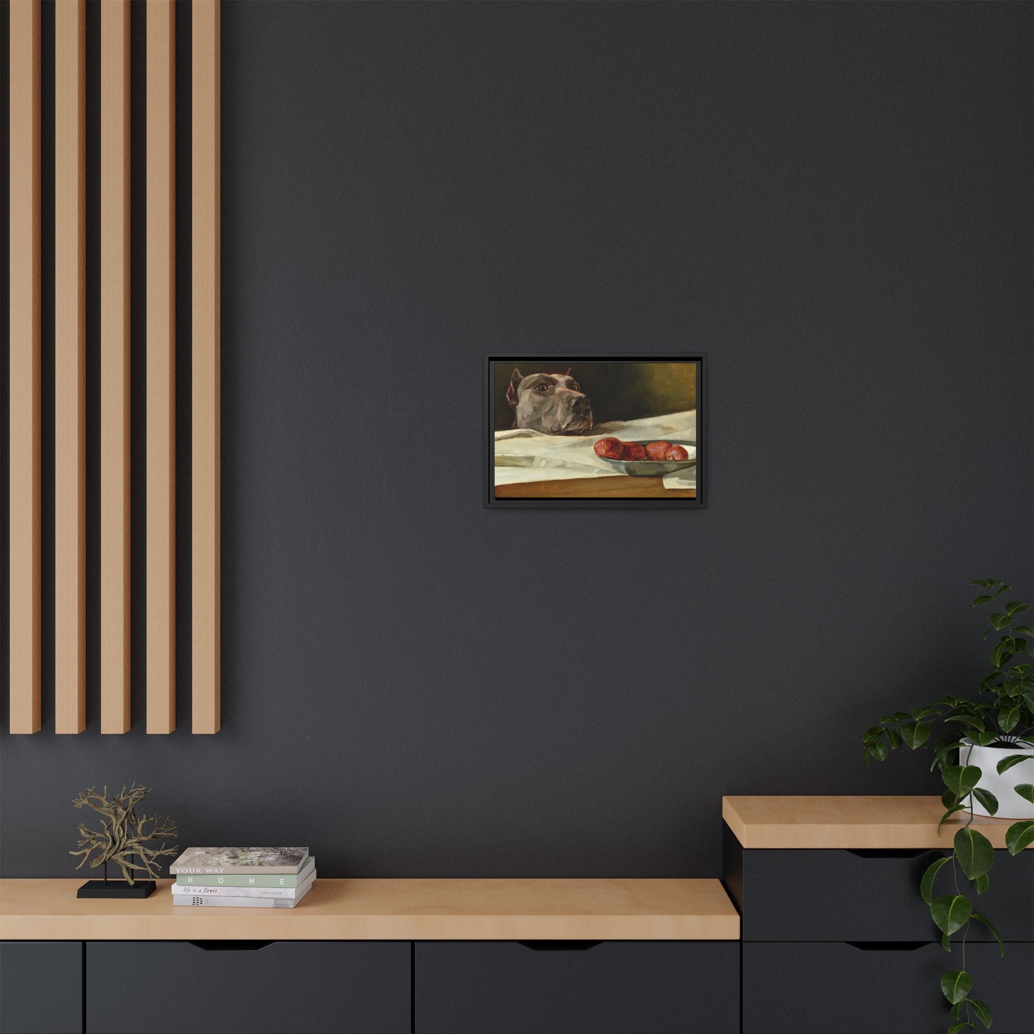 Framed Matte Canvas Print — Great Dane Dog & The Sausage Still Life Wall Art
