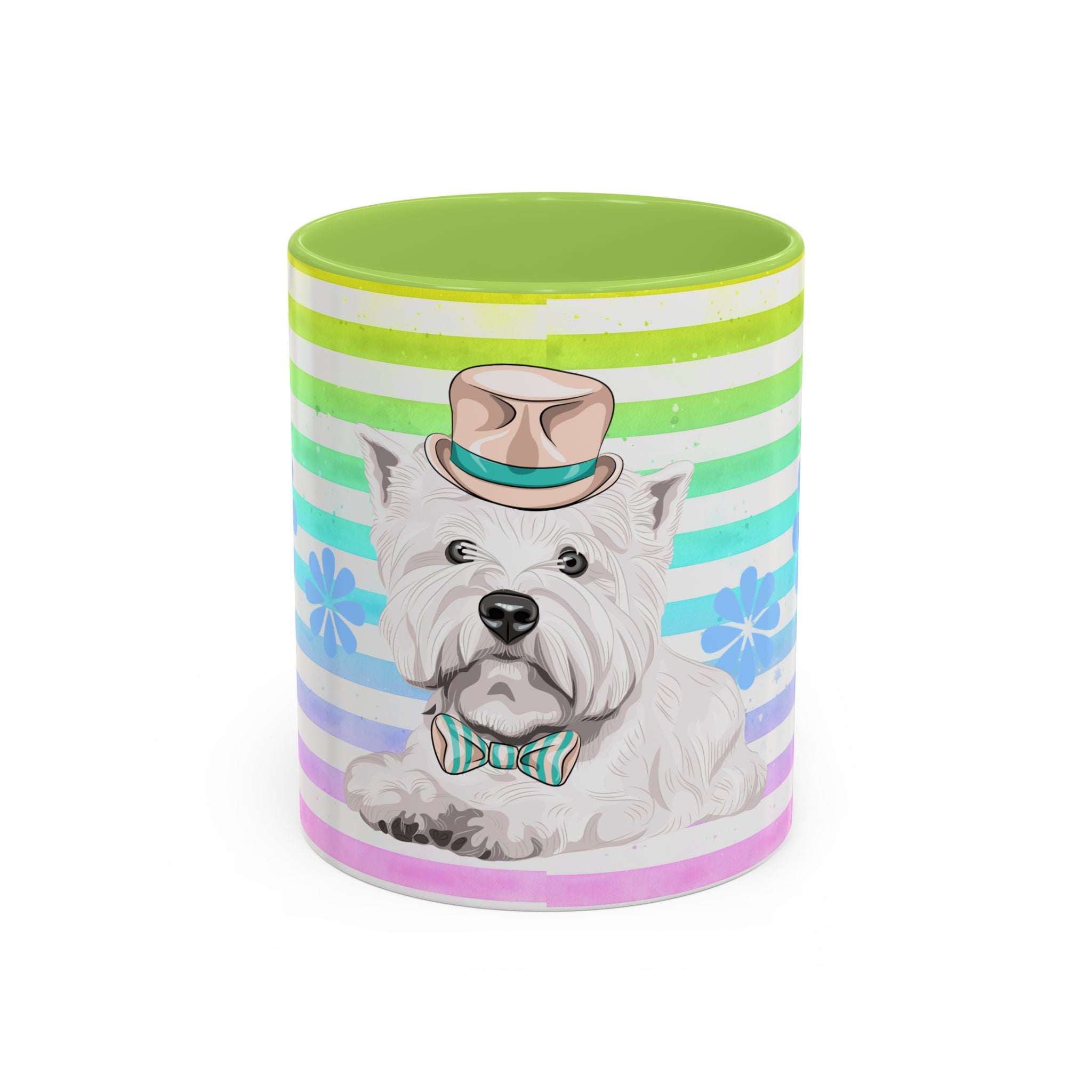 West Highland Terrier Coffee Mug — Cute White Pup on Rainbow Stripes (Accent Mug 11/15oz)