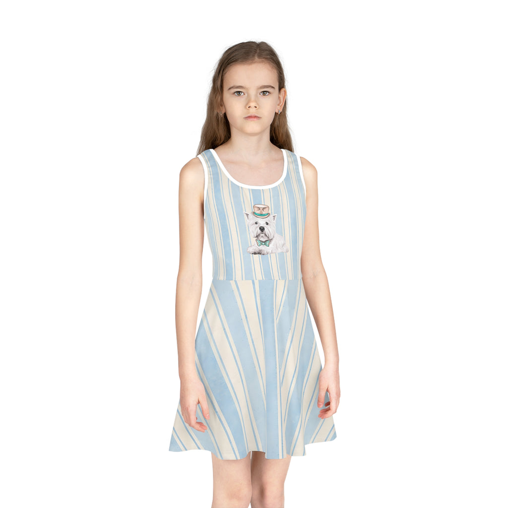 Girls' Striped Sundress — Cute Puppy in Top Hat AOP
