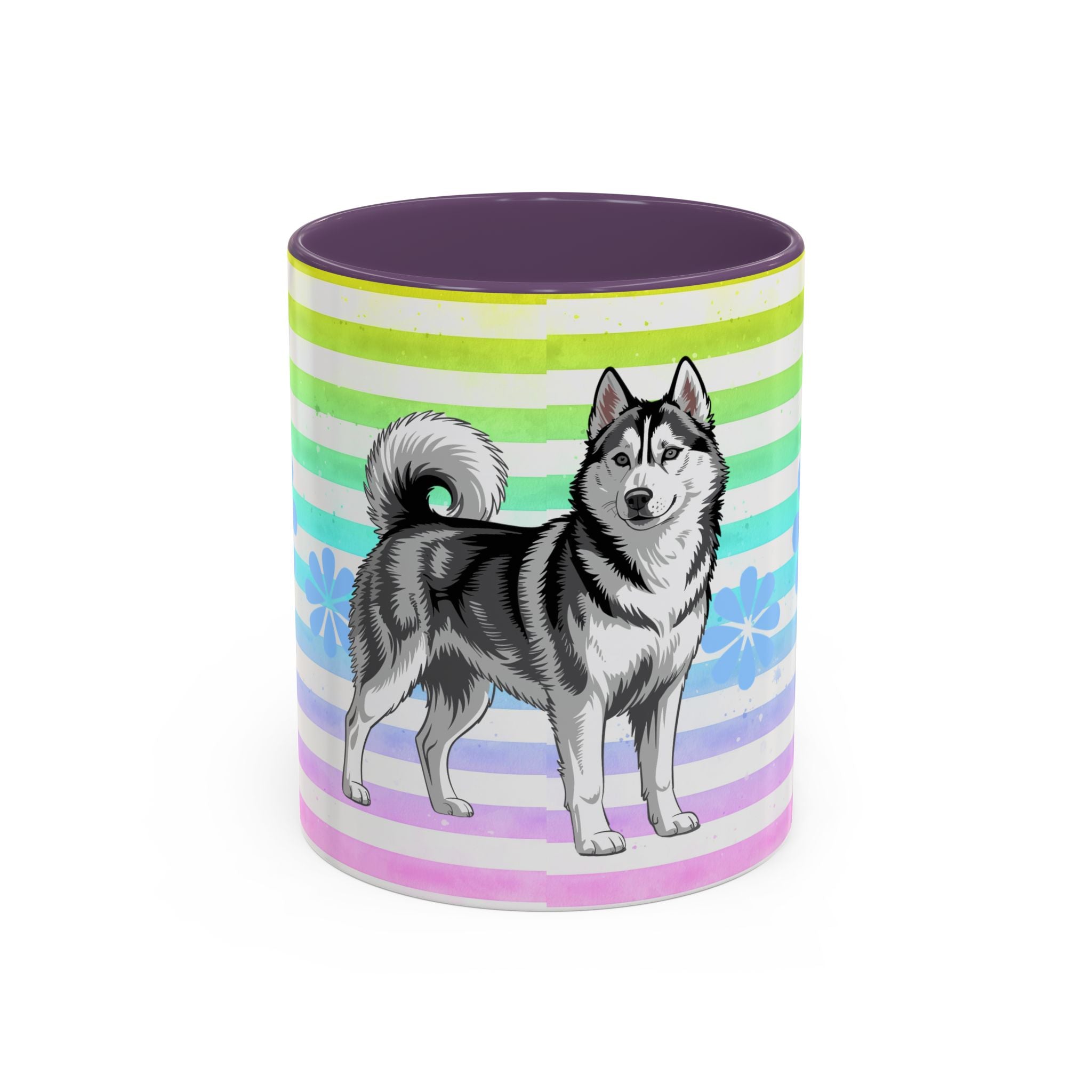 Siberian Husky Coffee Mug — Cute Black & Husky Pup on Rainbow Stripes (Accent Mug 11/15oz)