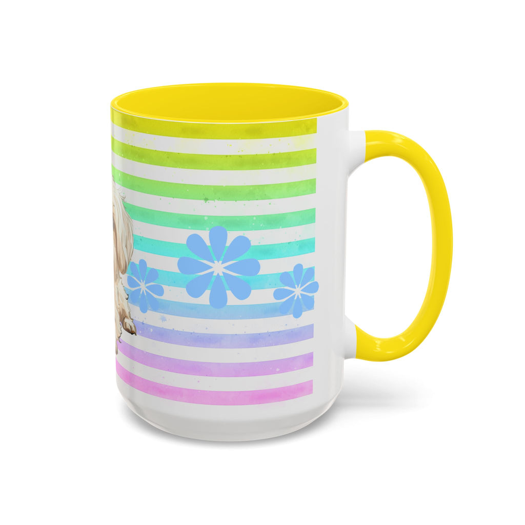 Maltese Dog Coffee Mug — Cute White Pup on Rainbow Stripes