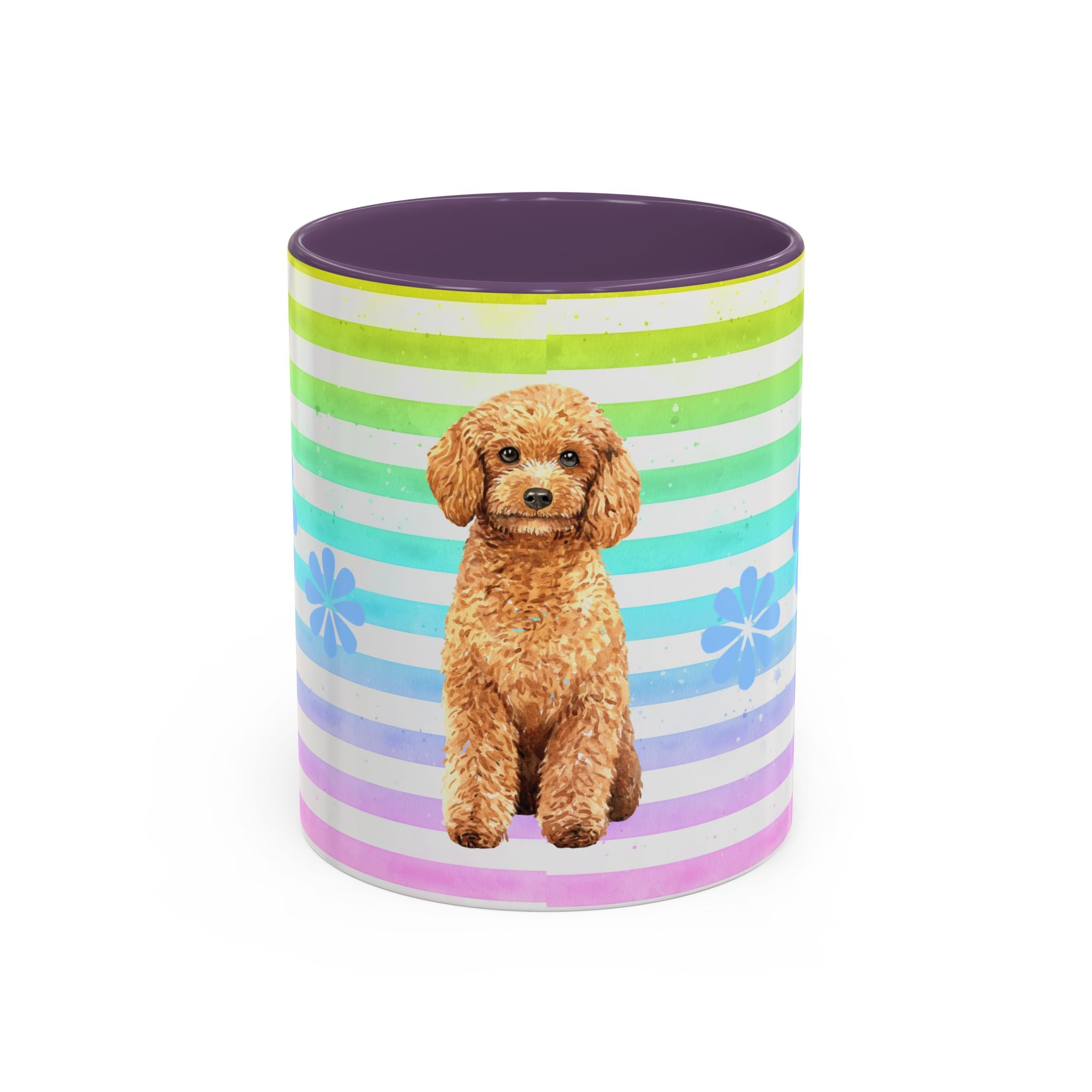 Apricot Poodle Coffee Mug — Cute Fluffy Pup on Rainbow Stripes (Accent Mug 11/15oz)