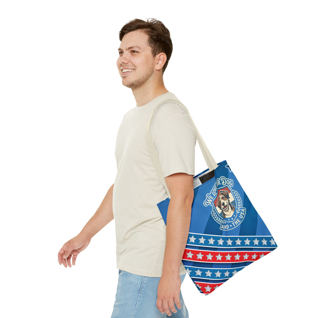 Patriotic Dog Tote Bag — "We Love Our Dog and the USA" AOP Tote