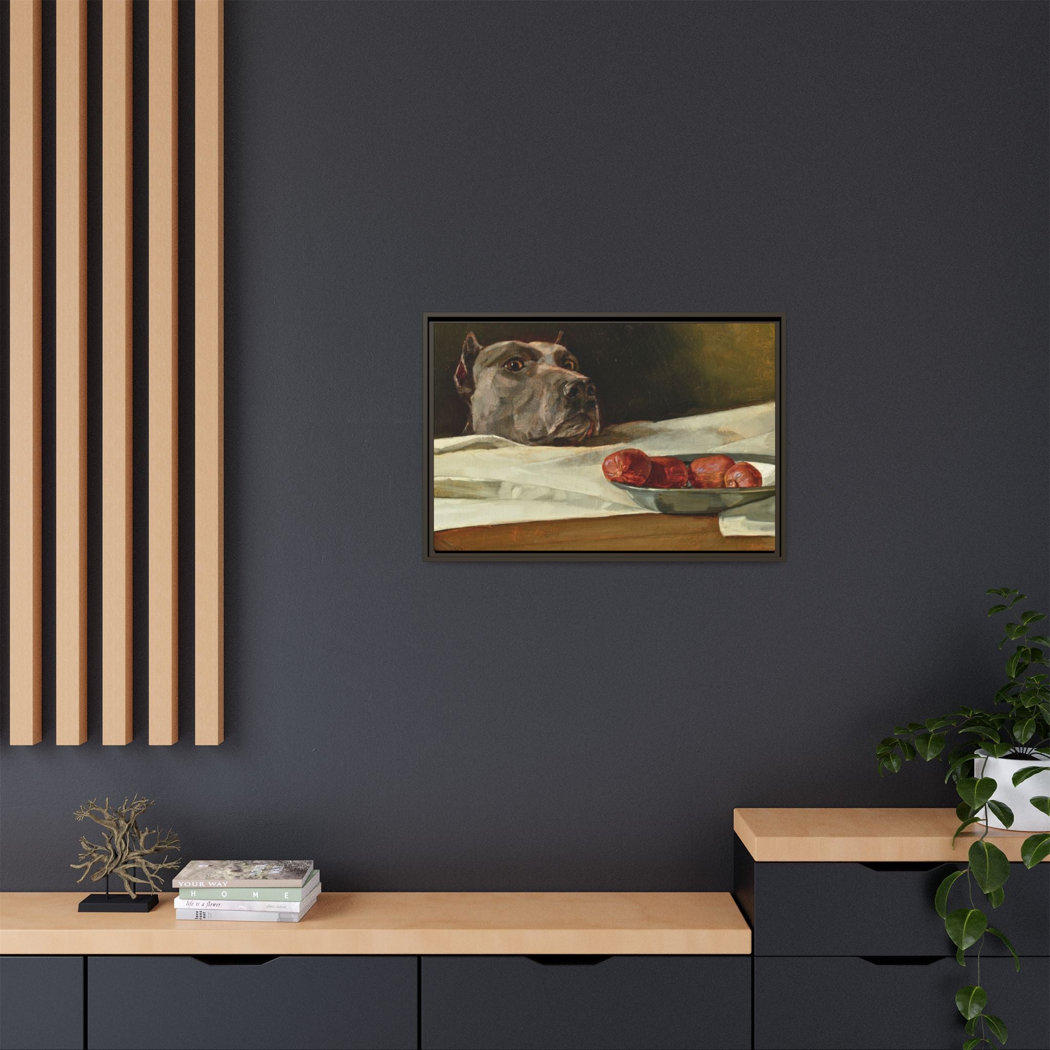 Framed Matte Canvas Print — Great Dane Dog & The Sausage Still Life Wall Art