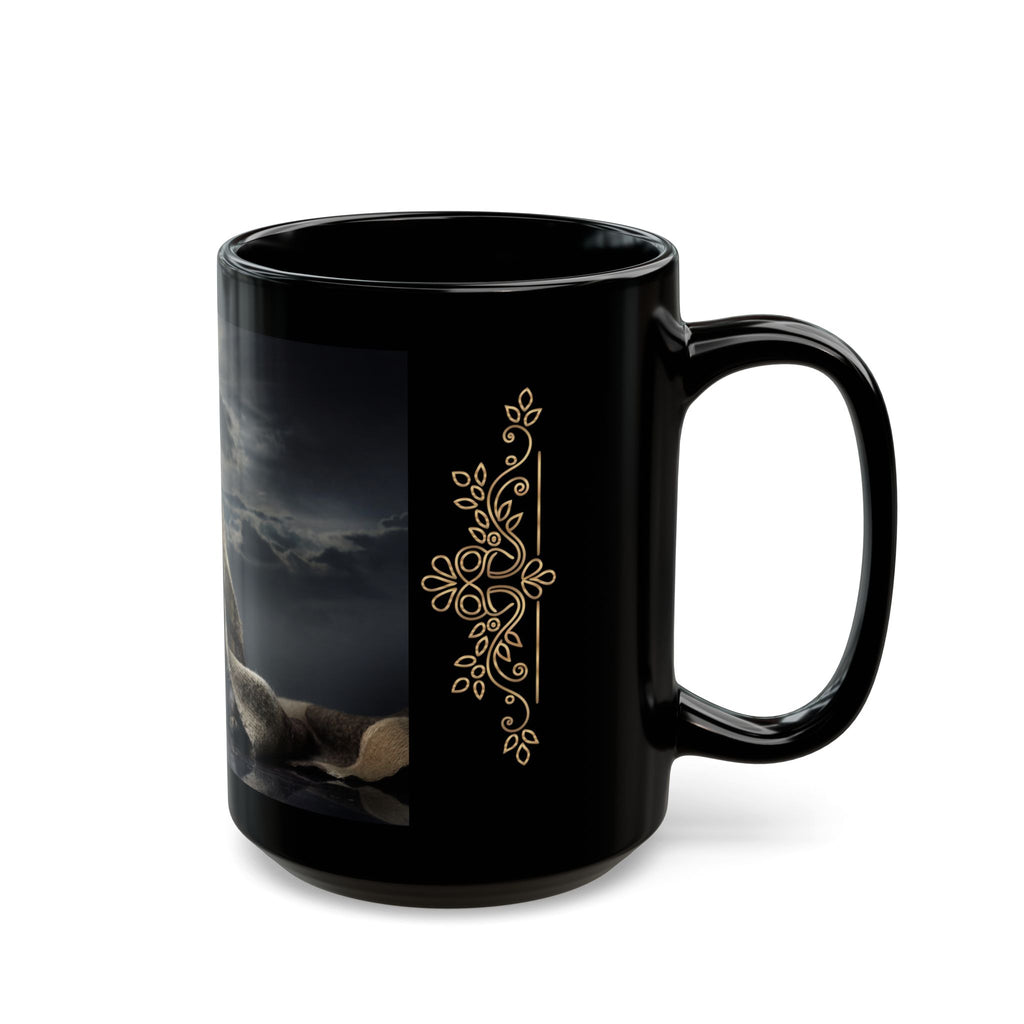 Pug Portrait Black Mug (11oz/15oz) — Regal Pug with Ornamental Accent