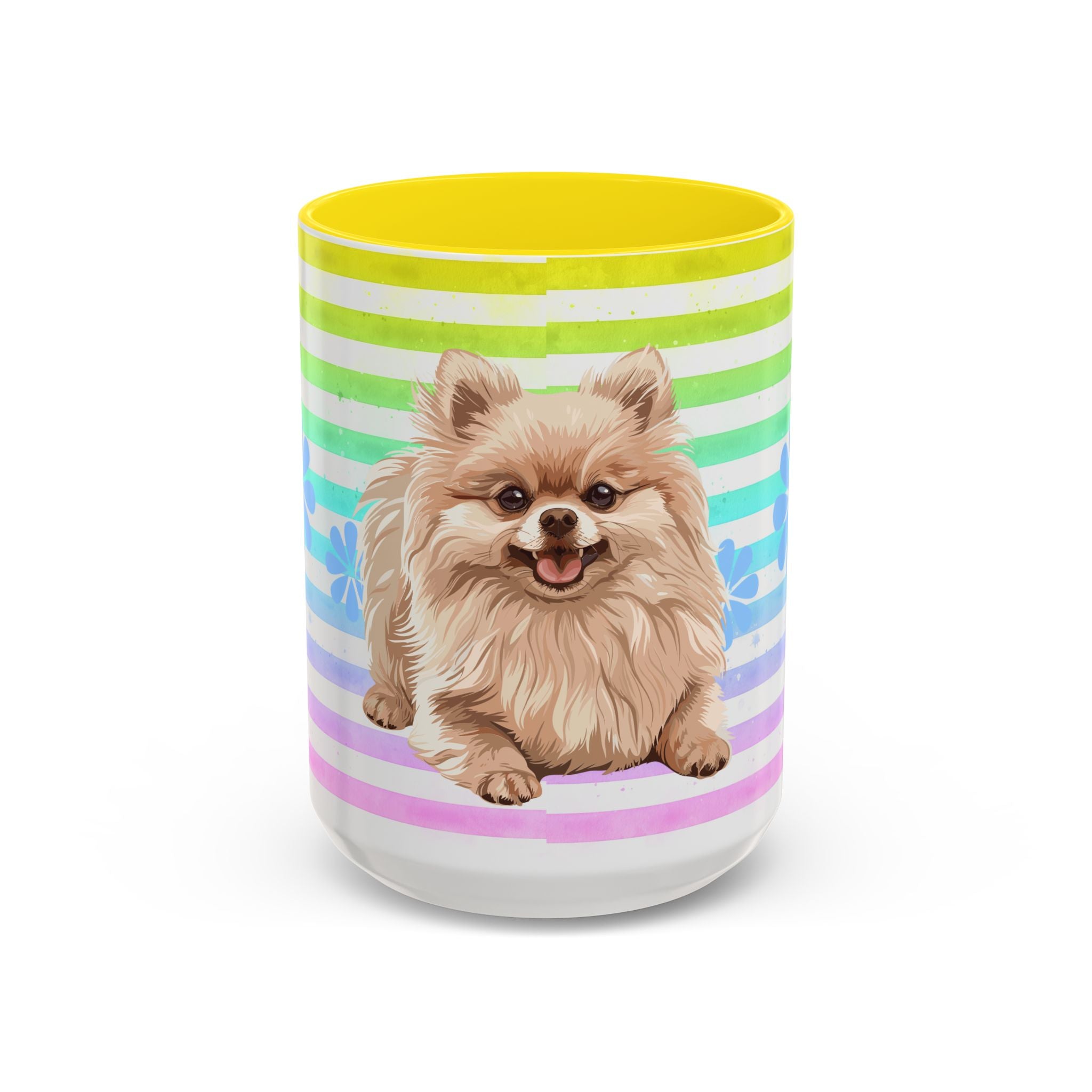 Pomeranian Dog Coffee Mug — Cute Fluffy Pup on Rainbow Stripes (Accent Mug 11/15oz)