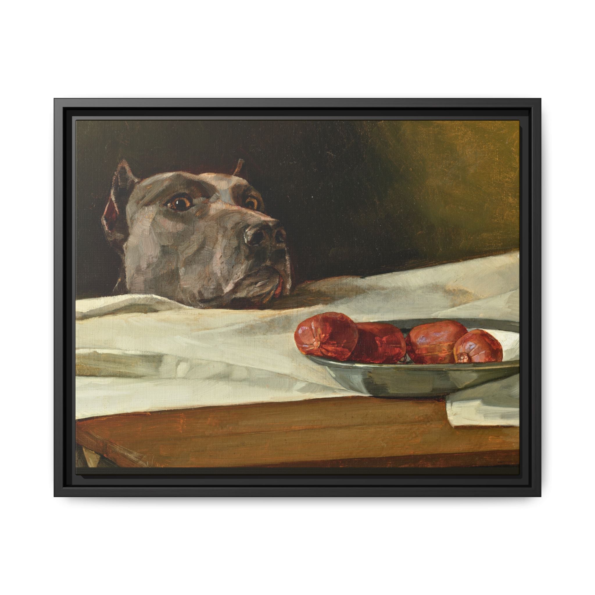 Framed Matte Canvas Print — Great Dane Dog & The Sausage Still Life Wall Art