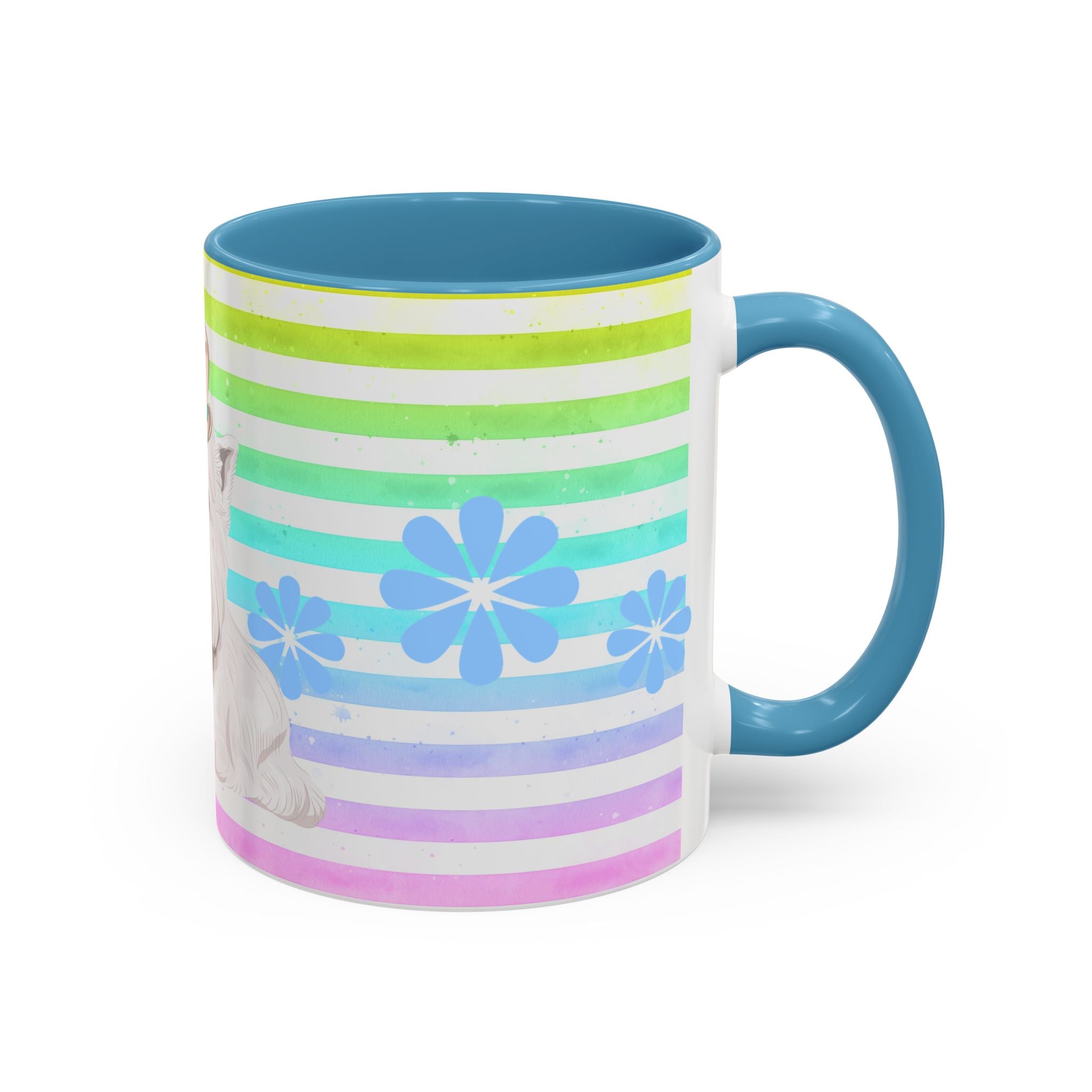 West Highland Terrier Coffee Mug — Cute White Pup on Rainbow Stripes (Accent Mug 11/15oz)