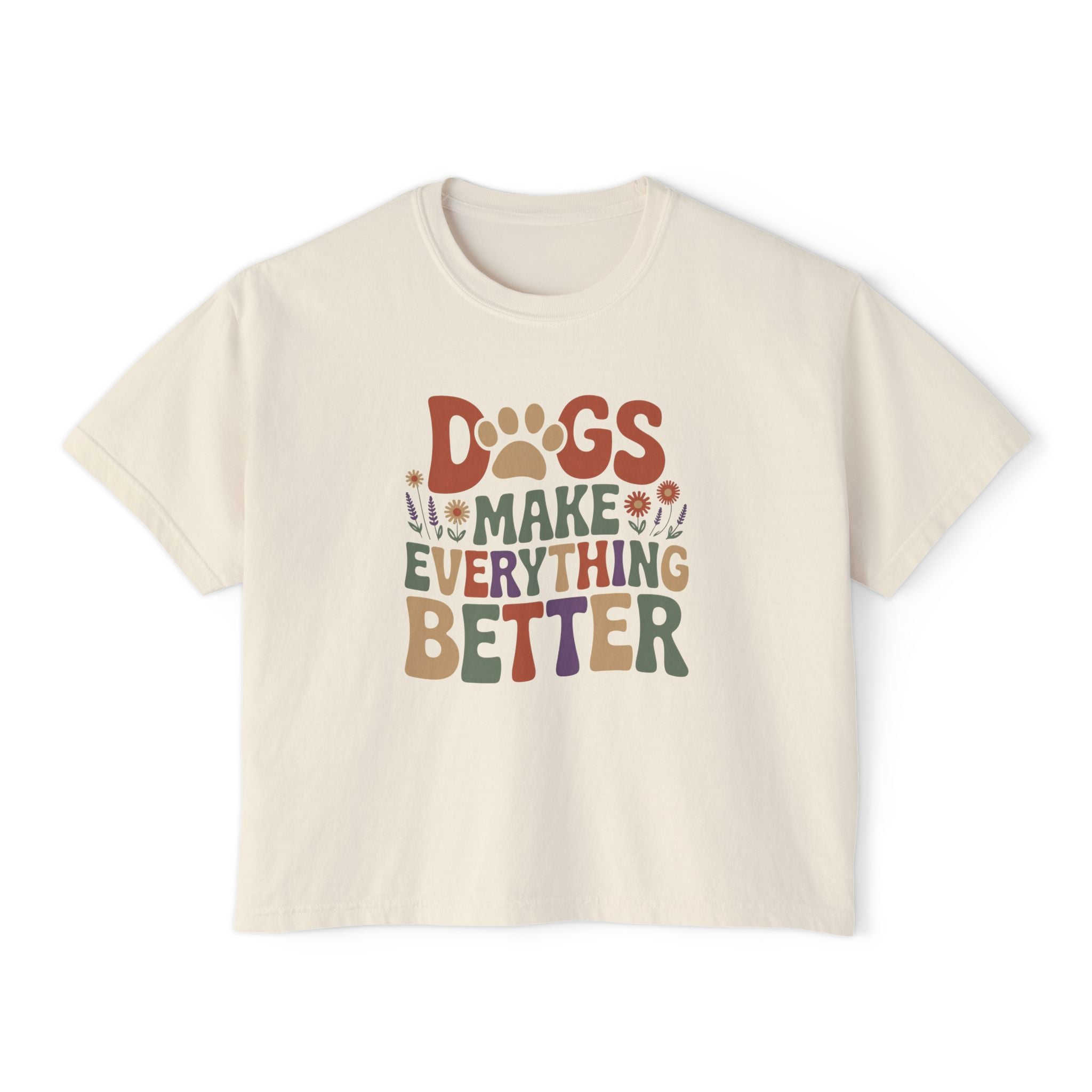 Dogs Make Everything Better Boxy Tee — Cute Paw Print Graphic T‑Shirt for Dog Lovers