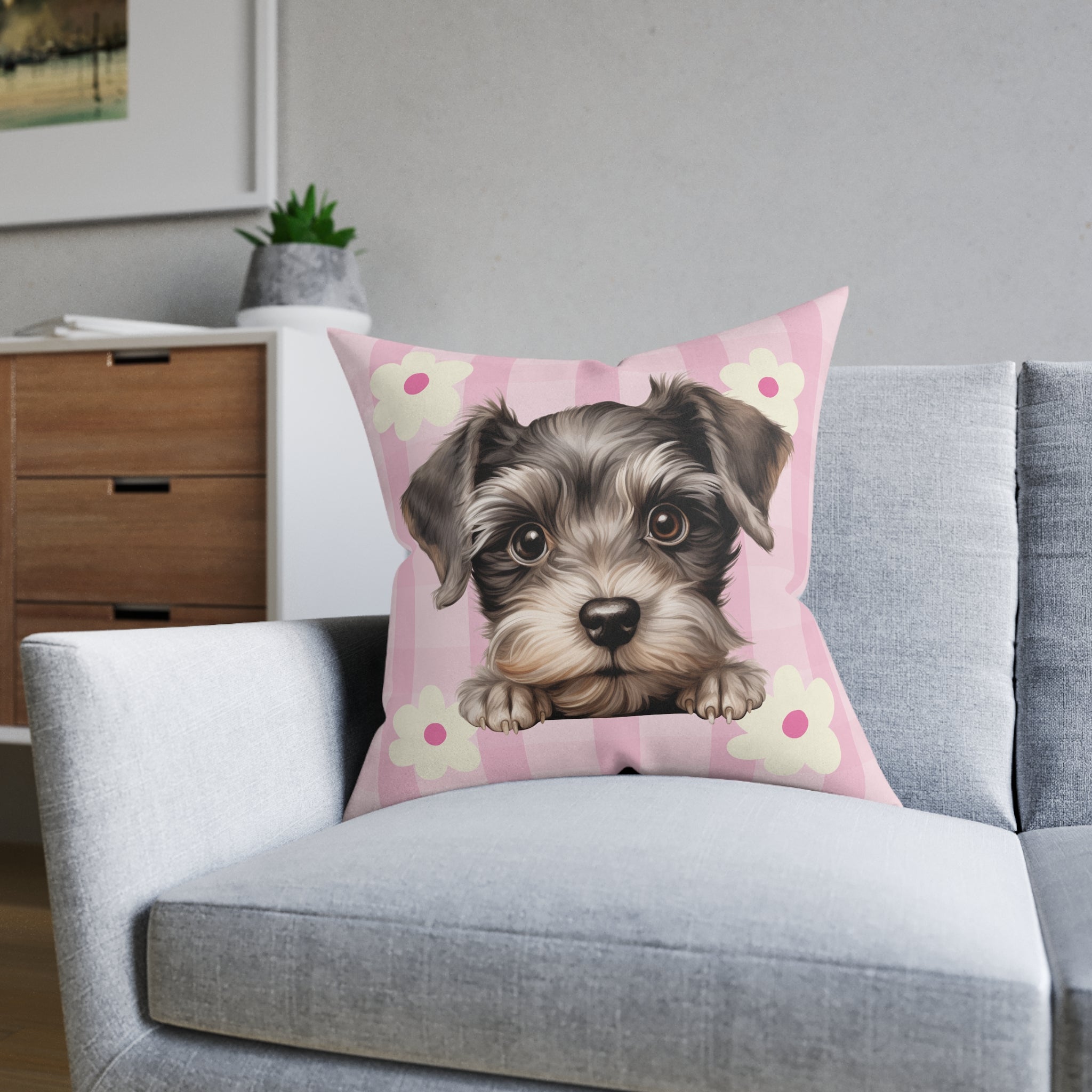 Schnauzer Throw Pillow — Pink Floral Faux Suede | Dog Lover Home Decor