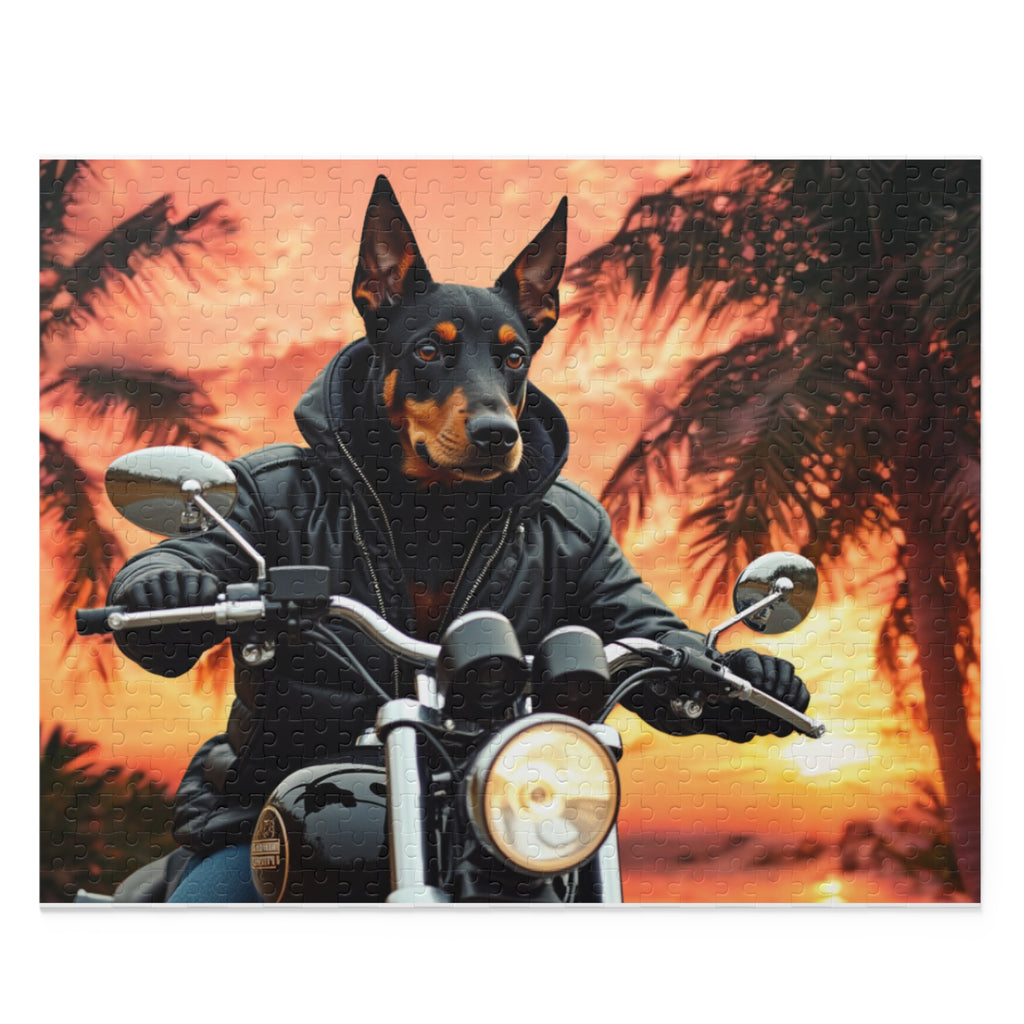 Dobermann Biker Jigsaw Puzzle — Sunset Motorcycle Scene | Dog Lover Gift