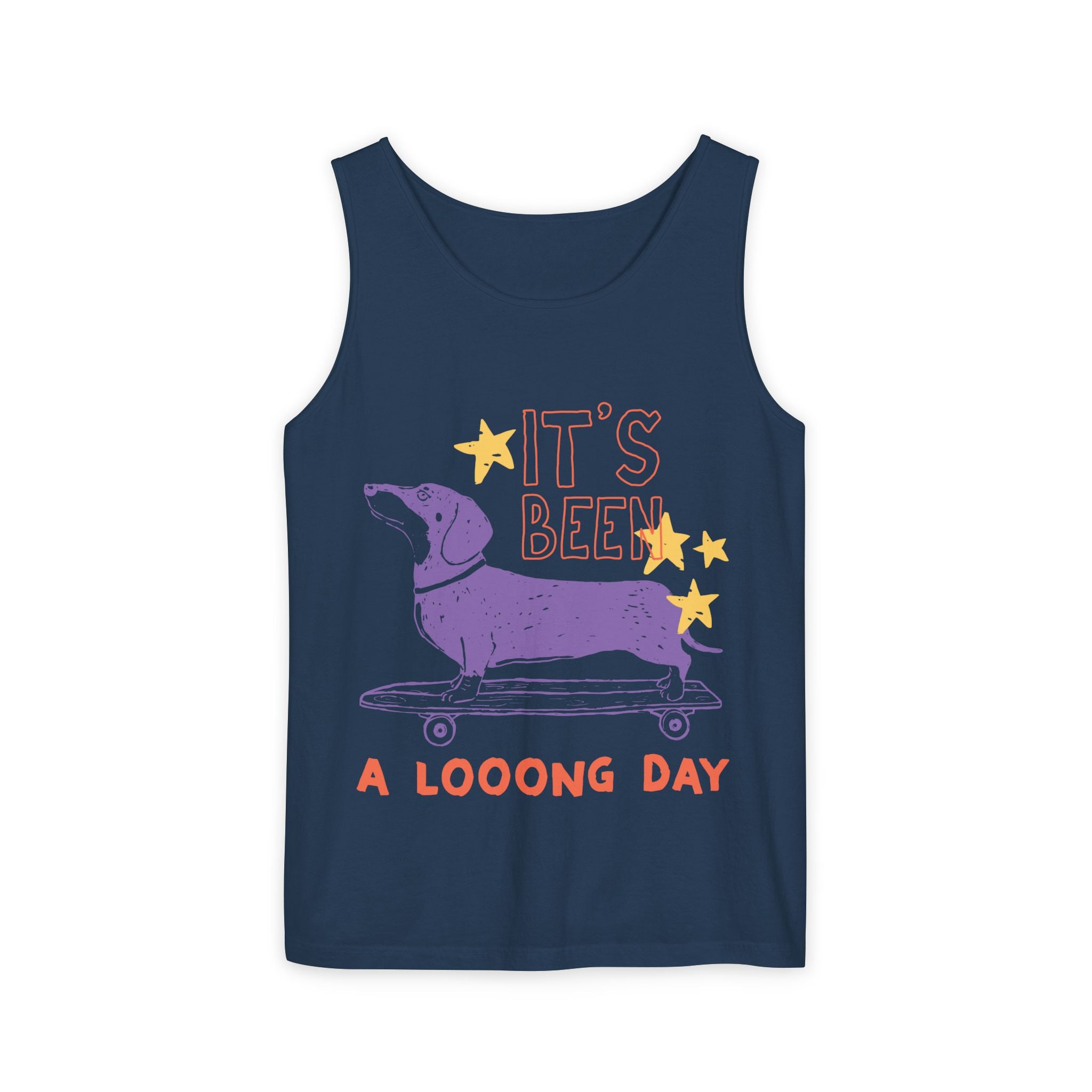 Dachshund Skateboard Tank — "It's Been a Looong Day" Cute Dog Graphic Tank Top