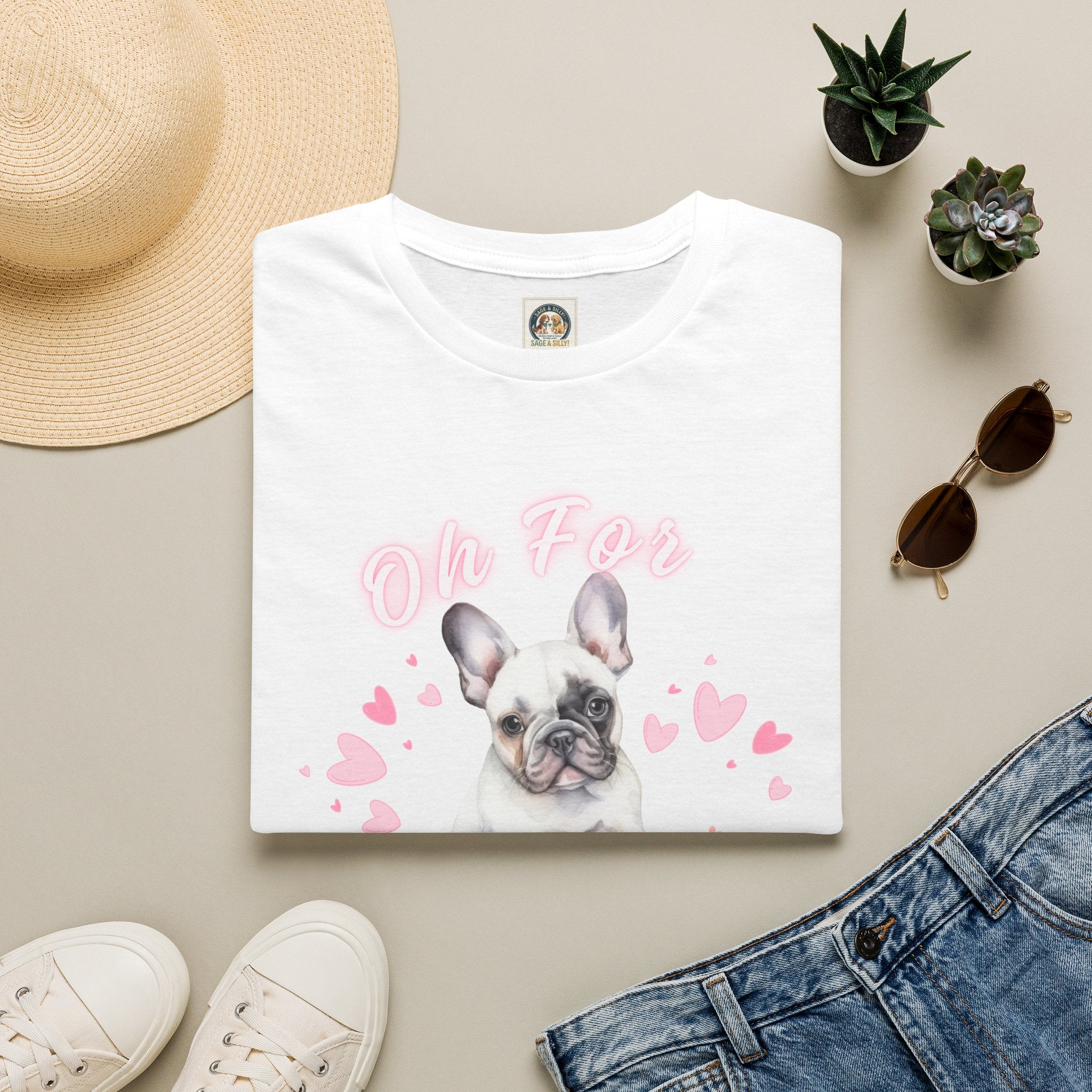 Cute French Bulldog T‑Shirt — "Oh For Frenchies Sake" Pink Heart Puppy Tee