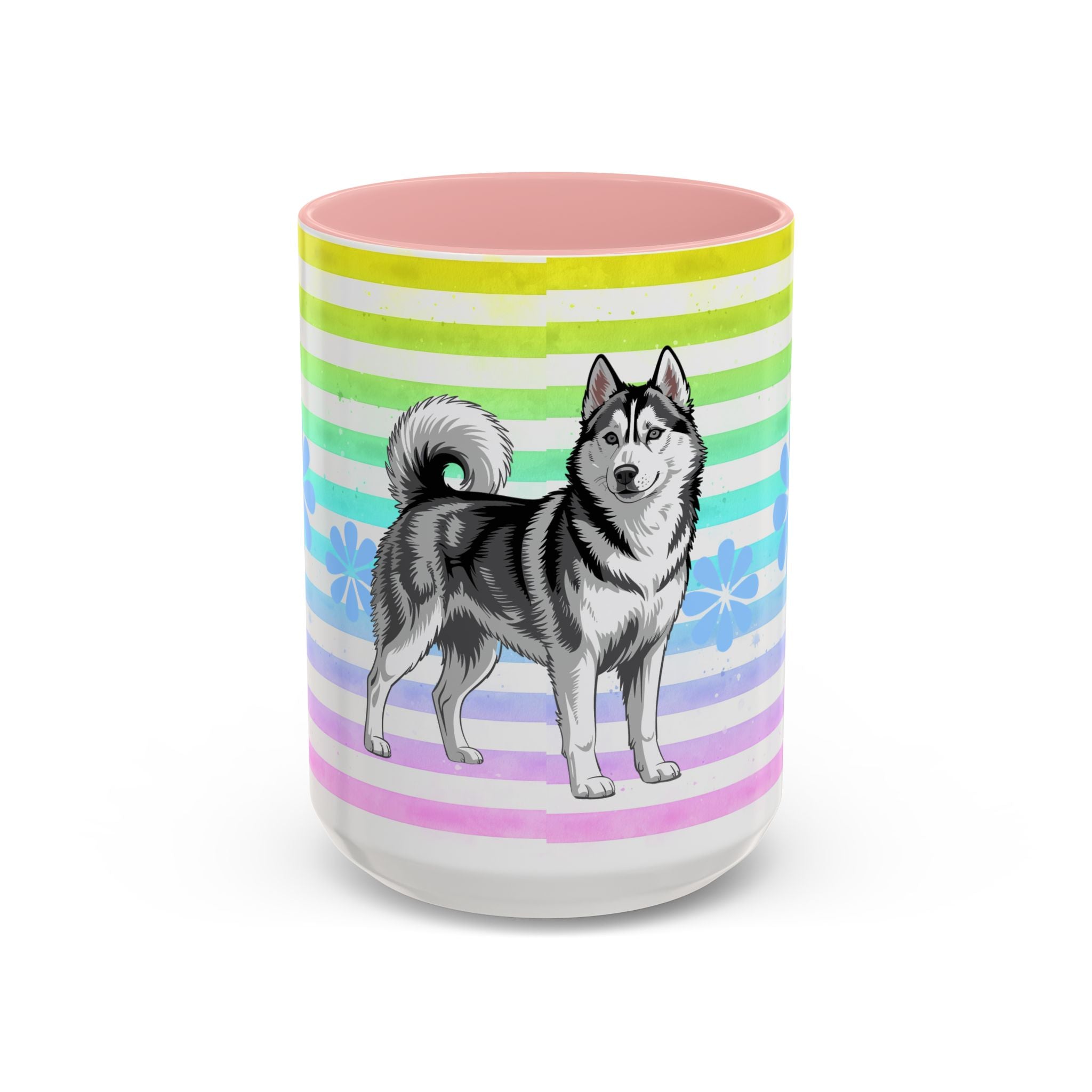 Siberian Husky Coffee Mug — Cute Black & Husky Pup on Rainbow Stripes (Accent Mug 11/15oz)