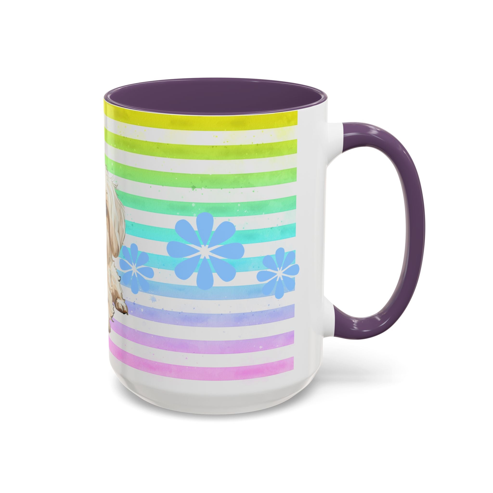 Maltese Dog Coffee Mug — Cute White Pup on Rainbow Stripes