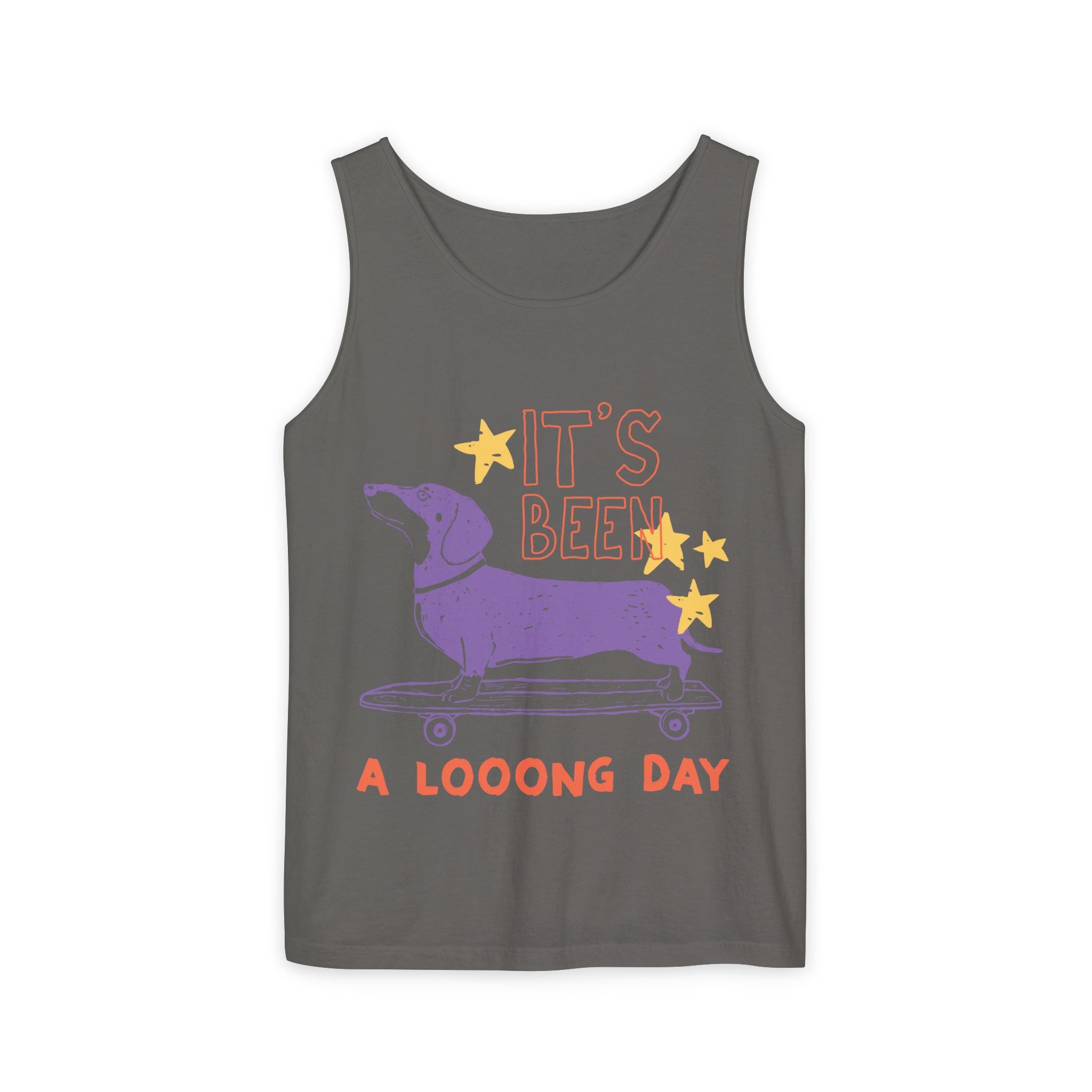 Dachshund Skateboard Tank — "It's Been a Looong Day" Cute Dog Graphic Tank Top