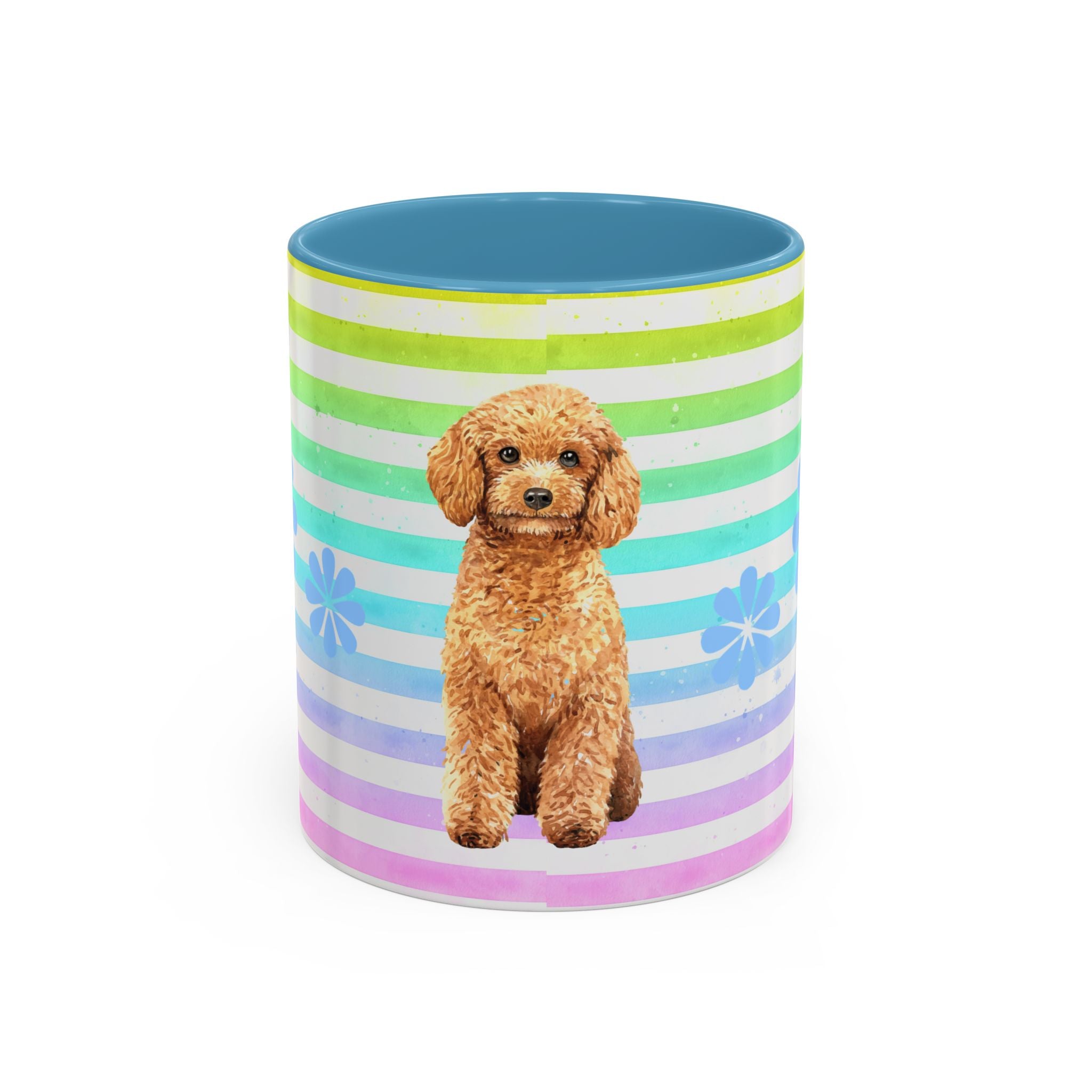Apricot Poodle Coffee Mug — Cute Fluffy Pup on Rainbow Stripes (Accent Mug 11/15oz)