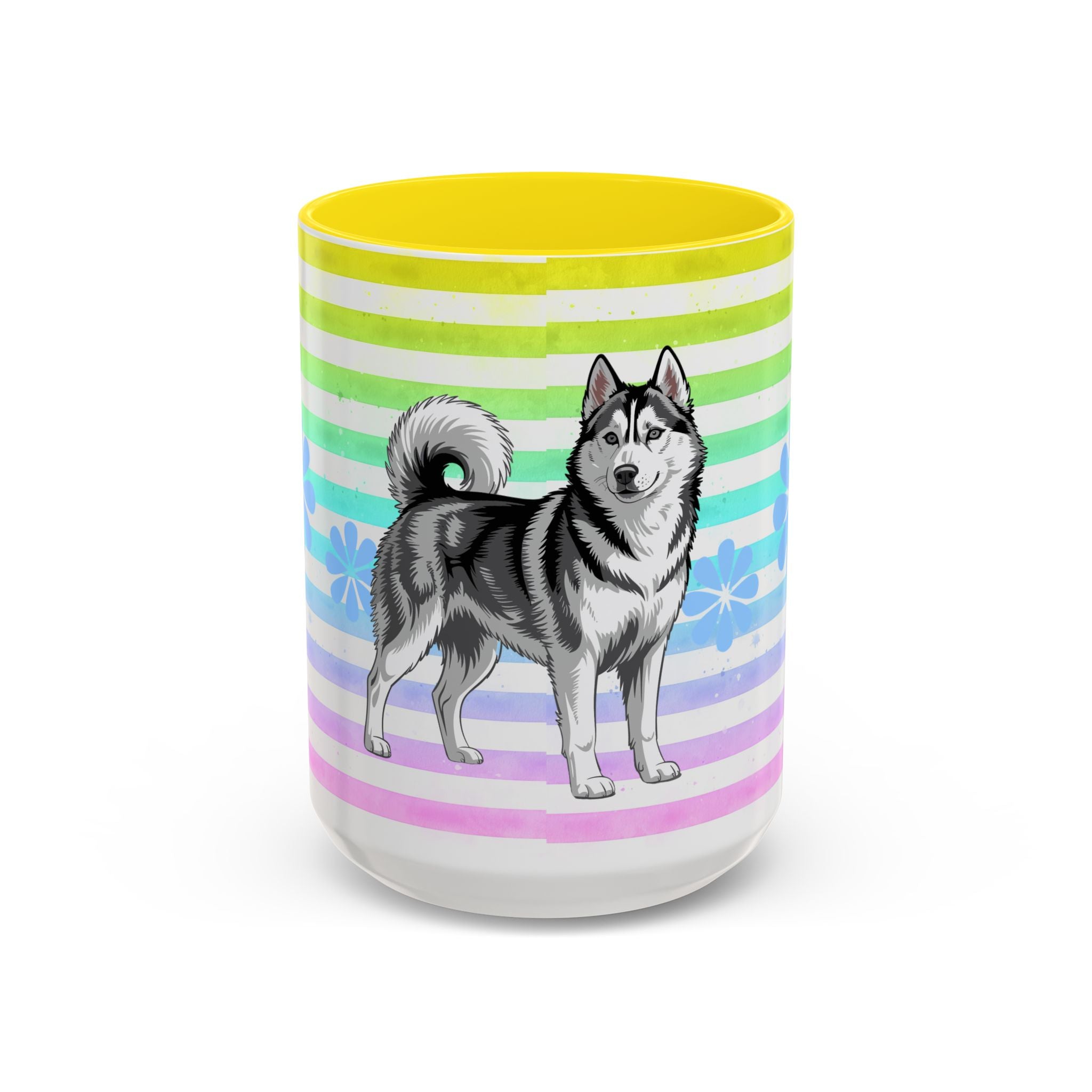 Siberian Husky Coffee Mug — Cute Black & Husky Pup on Rainbow Stripes (Accent Mug 11/15oz)