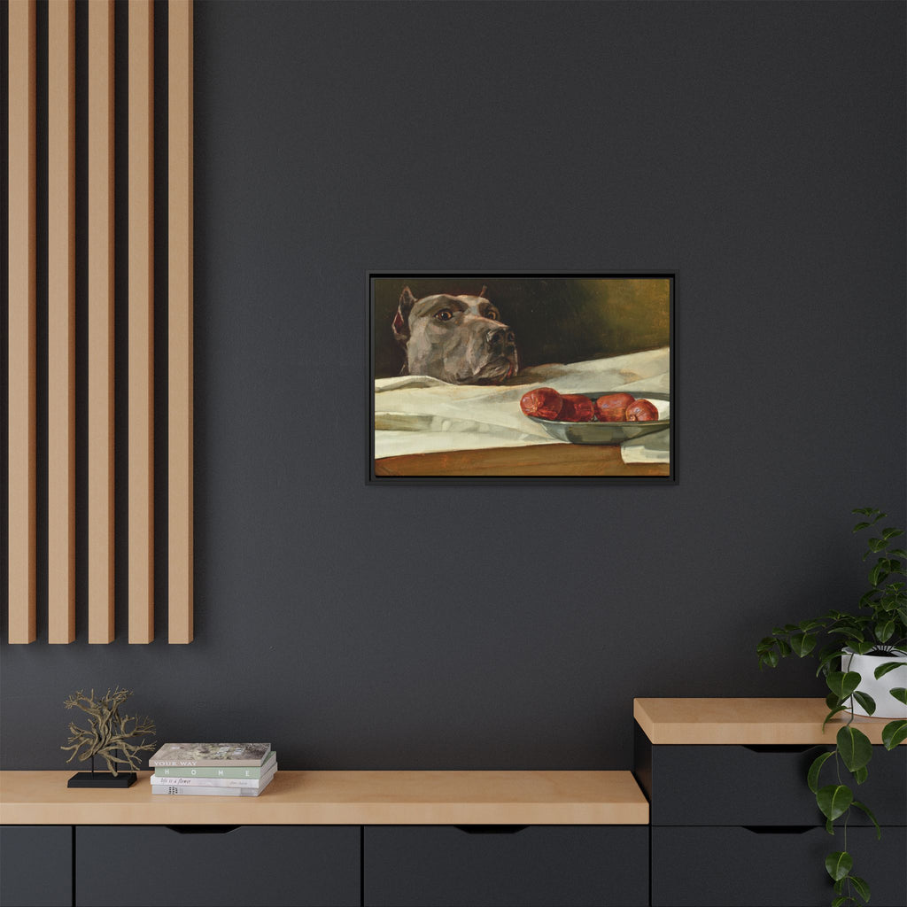 Framed Matte Canvas Print — Great Dane Dog & The Sausage Still Life Wall Art