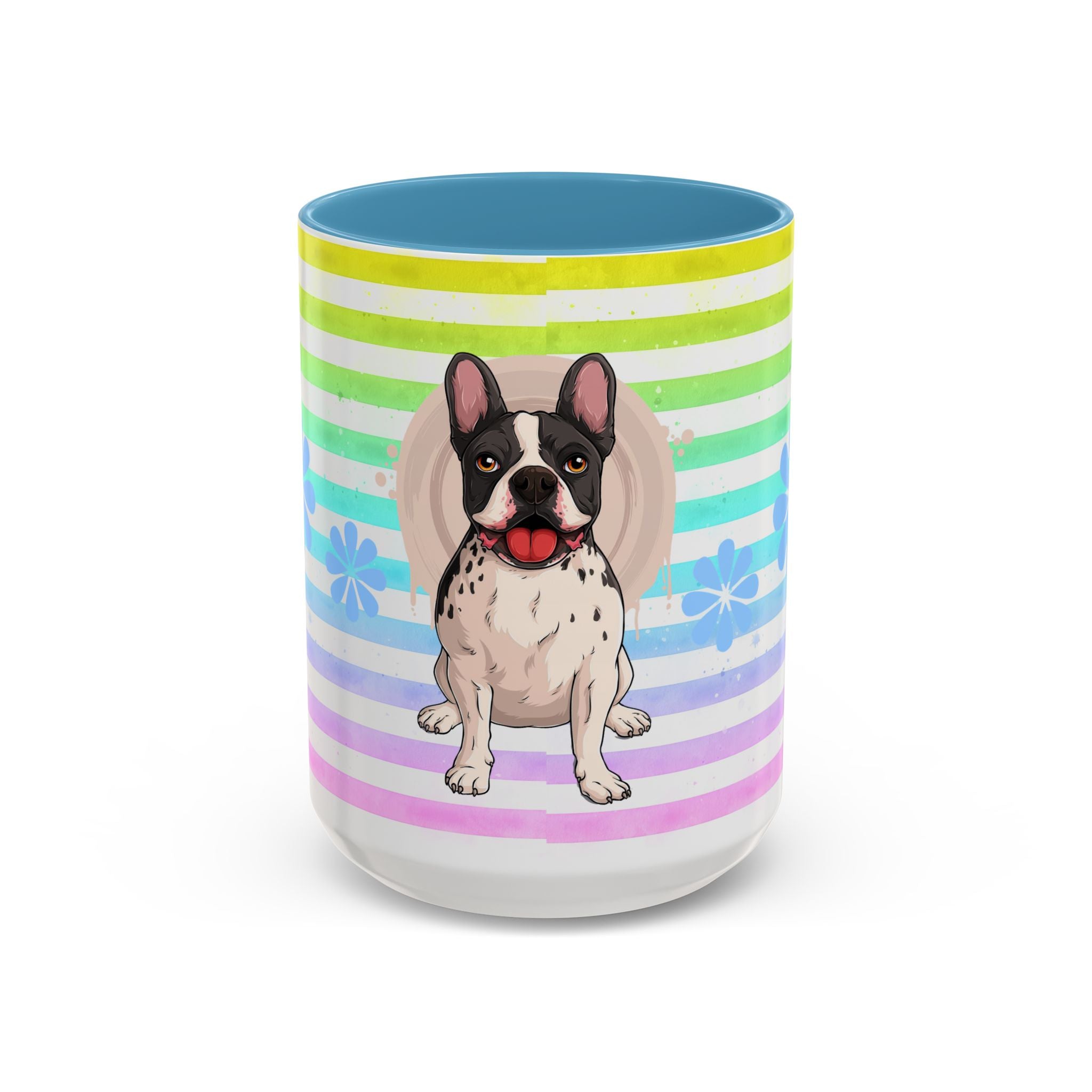 French Bulldog Coffee Mug — Cute Black & White Pup on Rainbow Stripes (Accent Mug 11/15oz)