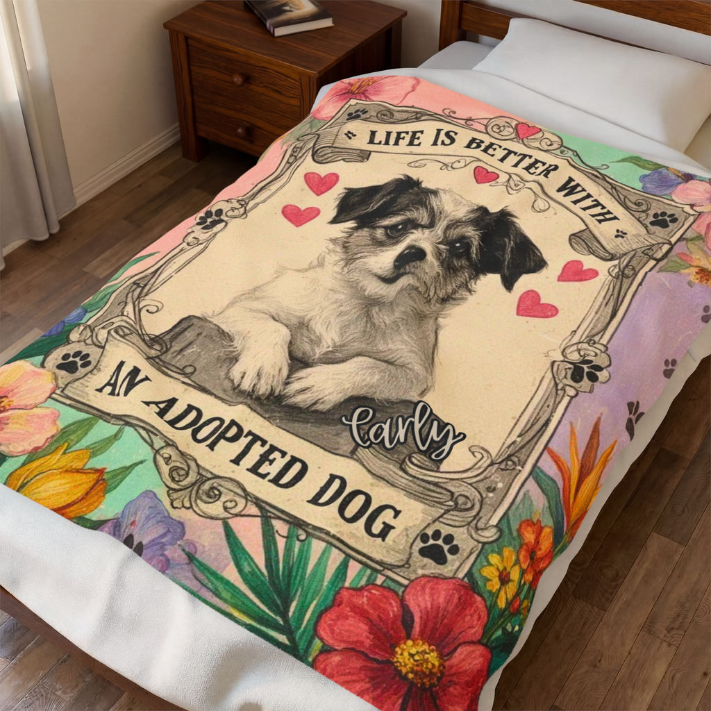 Personalized Dog Portrait Blanket — Pastel Floral & Adopted Dog | Custom Name & Photo