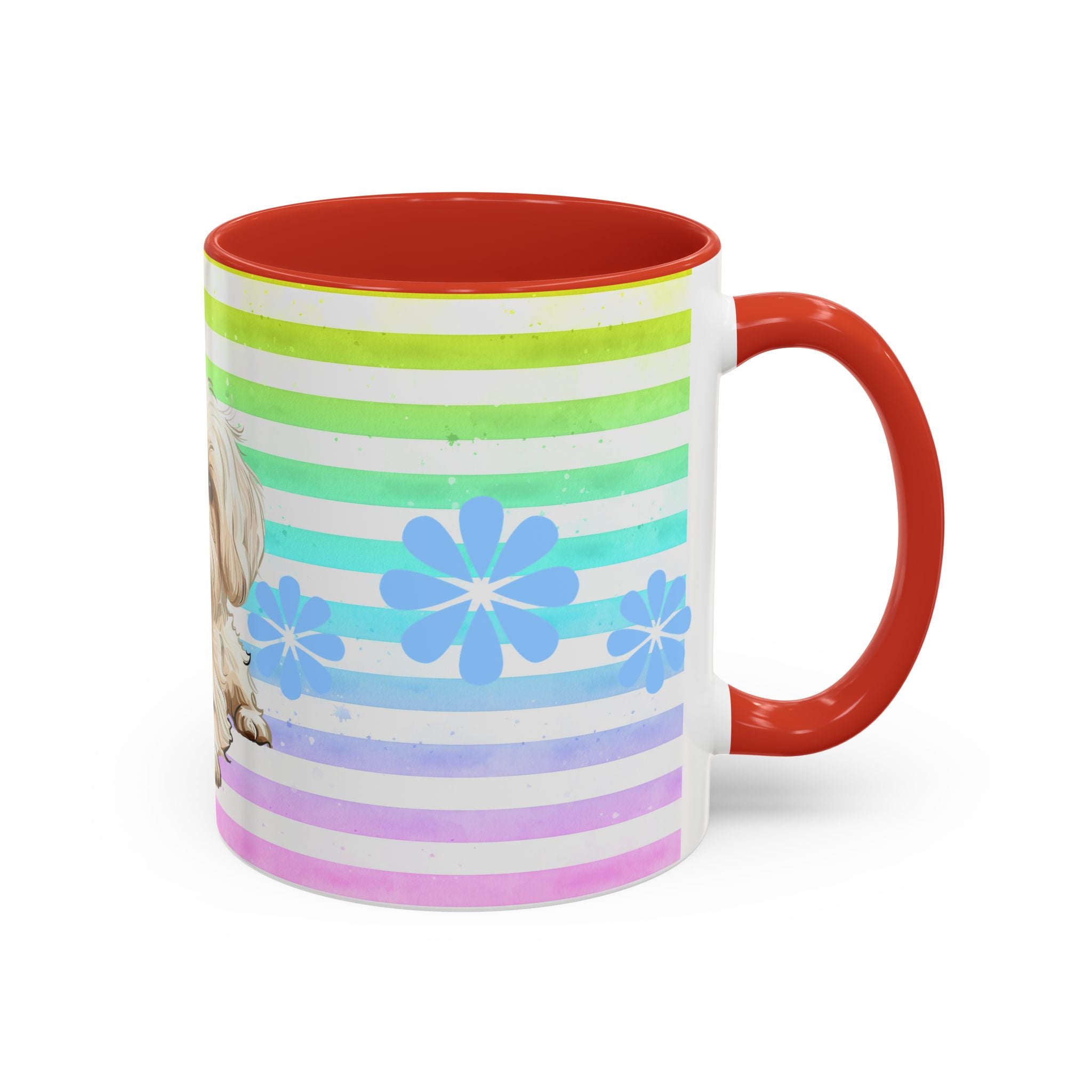 Maltese Dog Coffee Mug — Cute White Pup on Rainbow Stripes
