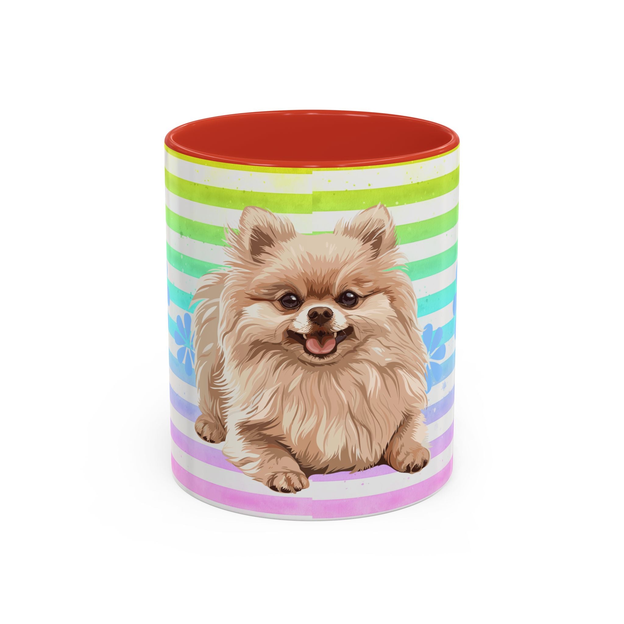 Pomeranian Dog Coffee Mug — Cute Fluffy Pup on Rainbow Stripes (Accent Mug 11/15oz)