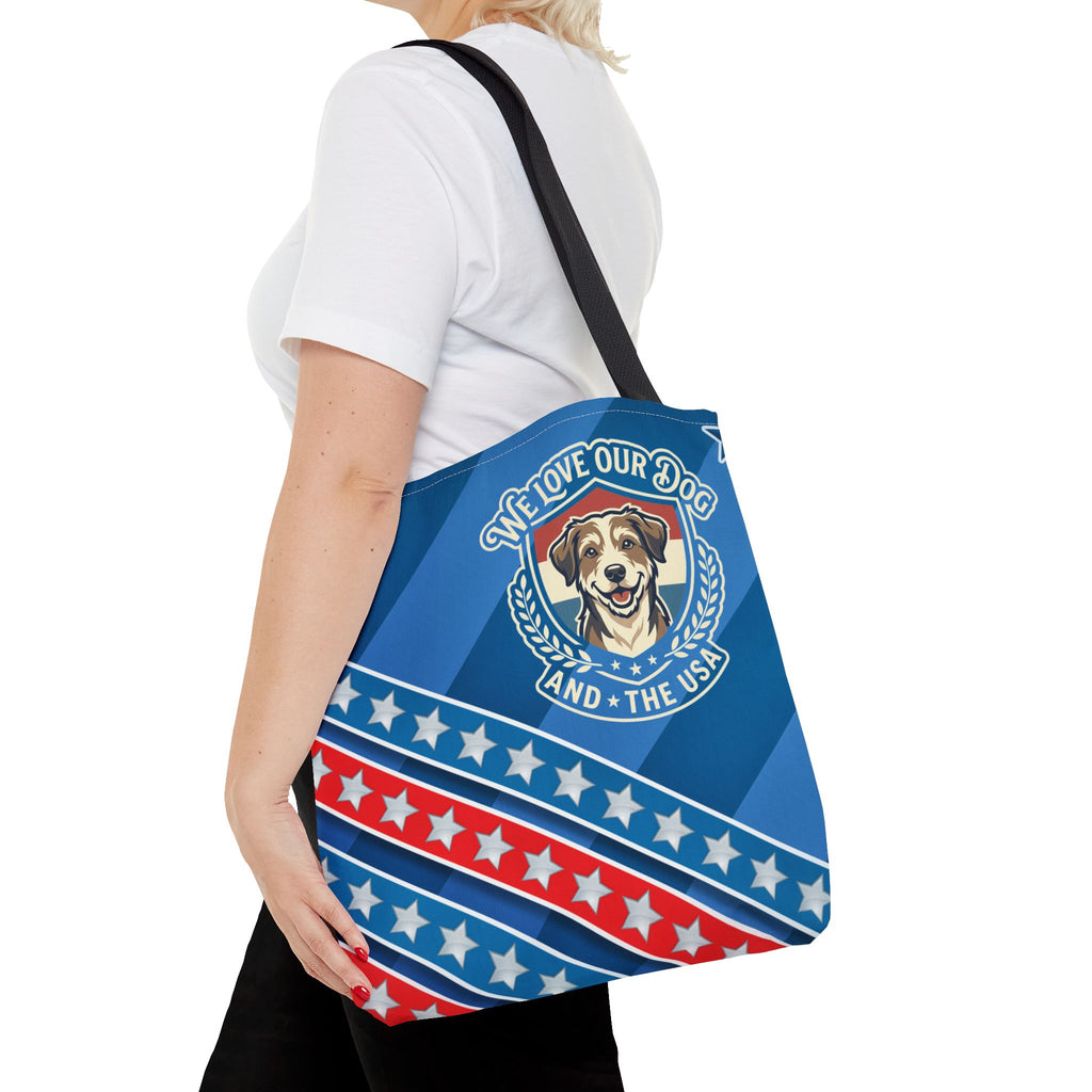 Patriotic Dog Tote Bag — "We Love Our Dog and the USA" AOP Tote