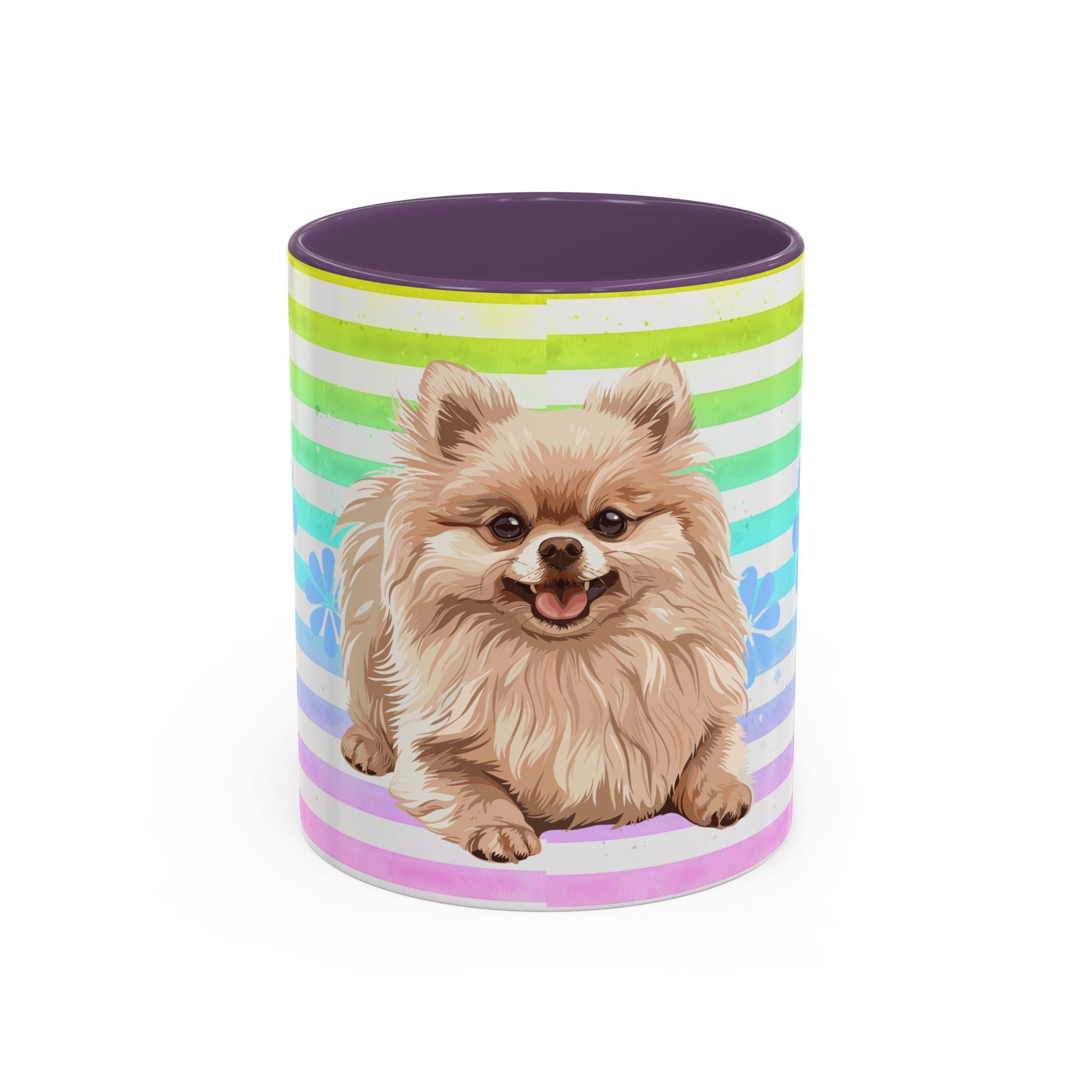 Pomeranian Dog Coffee Mug — Cute Fluffy Pup on Rainbow Stripes (Accent Mug 11/15oz)