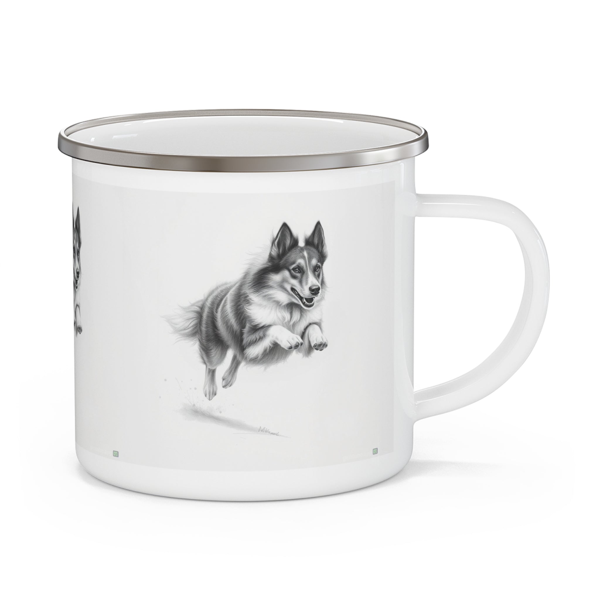 Enamel Mug — Leaping Husky Camping Cup, Vintage Black & White Dog Illustration