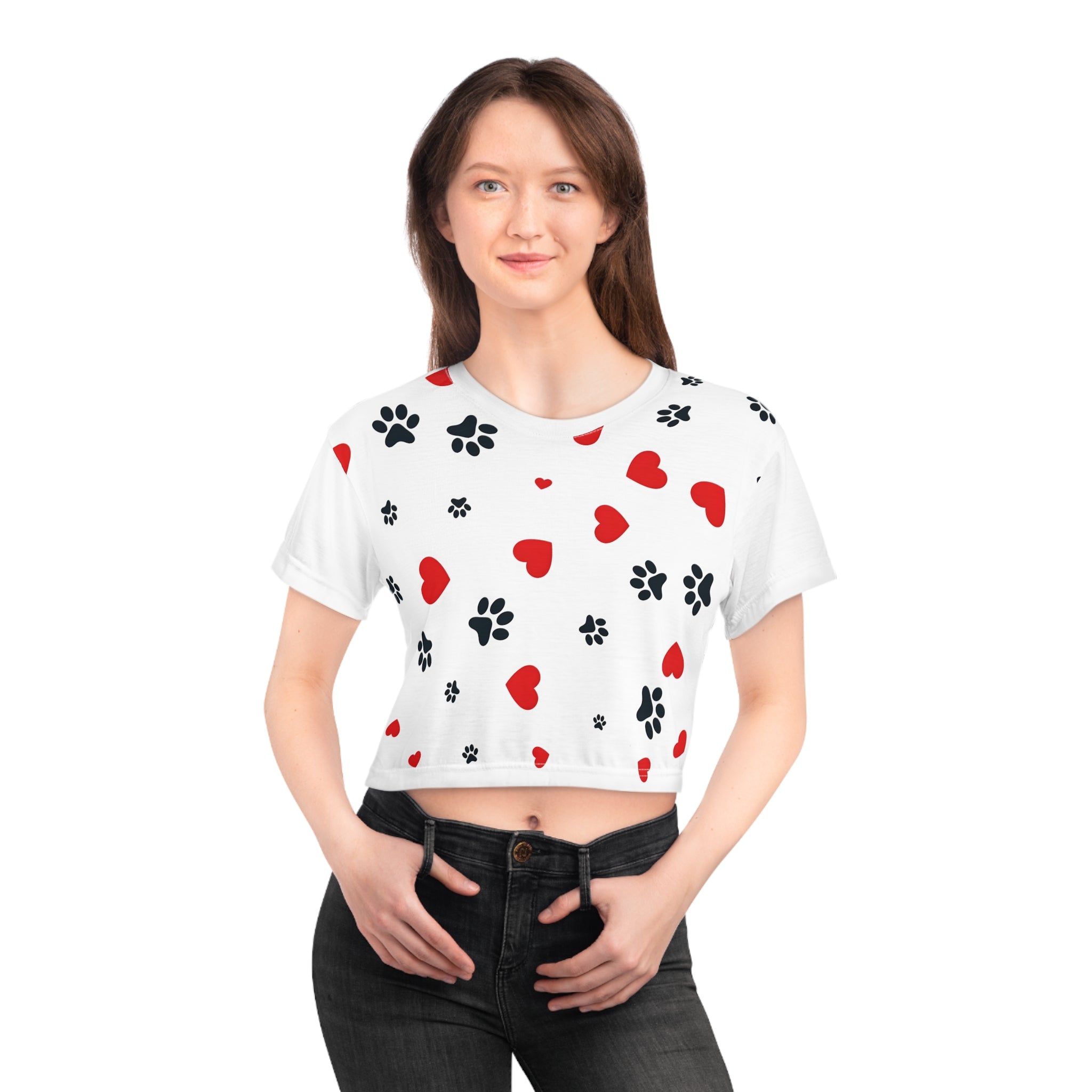Dog Paw Print Crop Tee — All-Over Print with Hearts | Dog Lover Gift