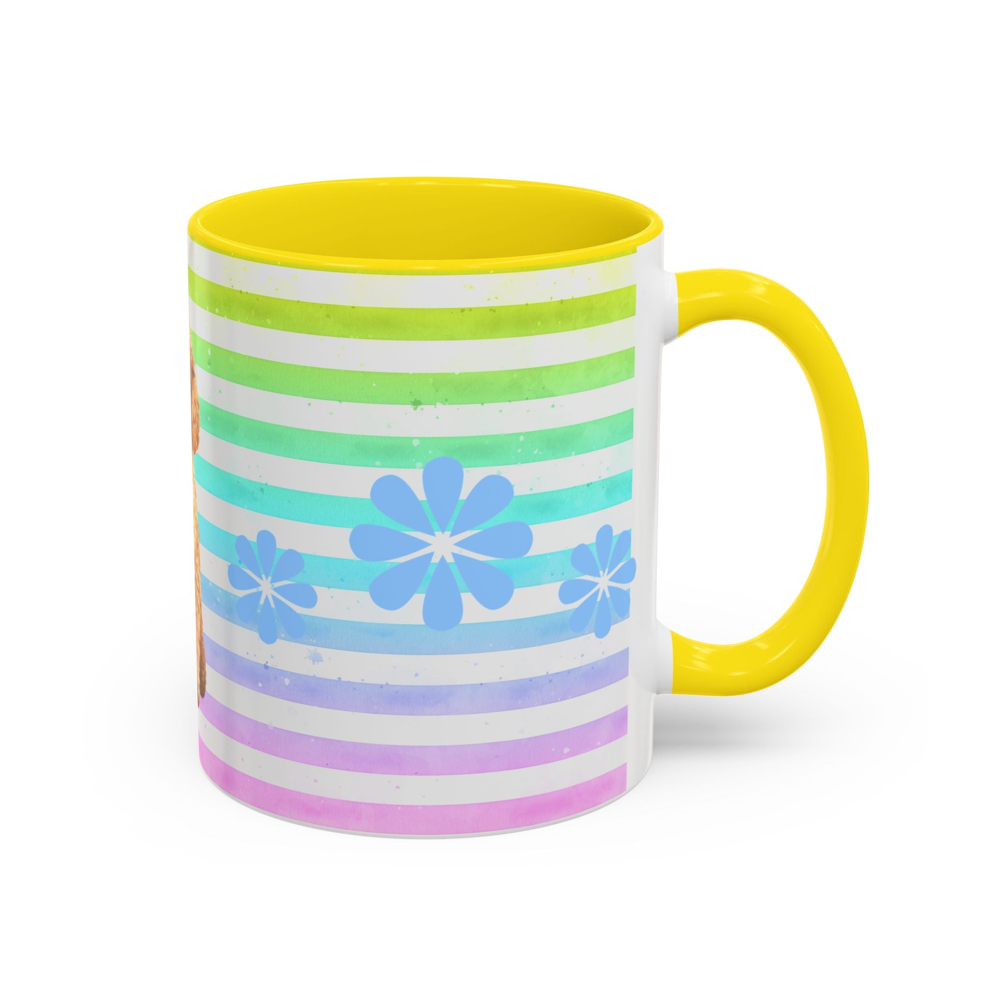Apricot Poodle Coffee Mug — Cute Fluffy Pup on Rainbow Stripes (Accent Mug 11/15oz)